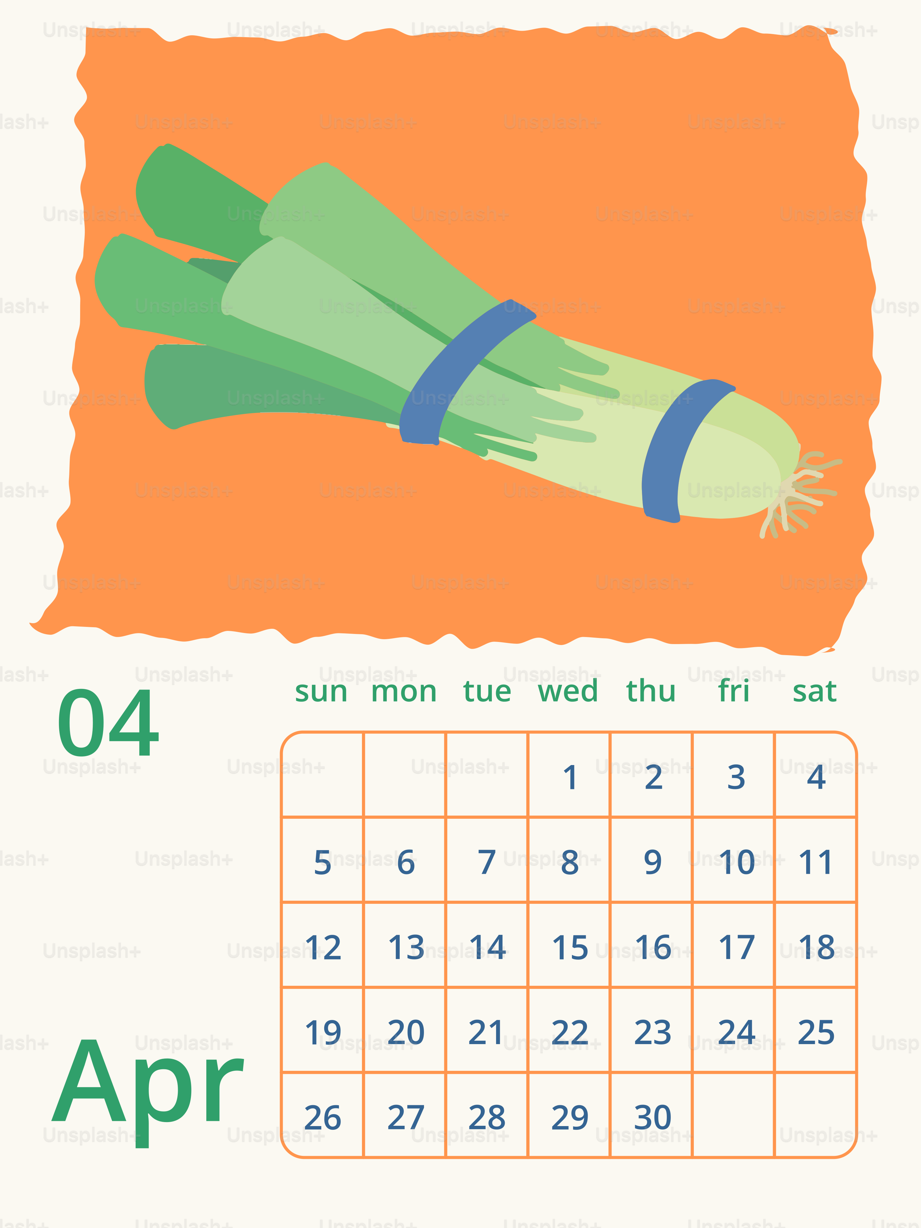Leeks on an orange background with april calendar.