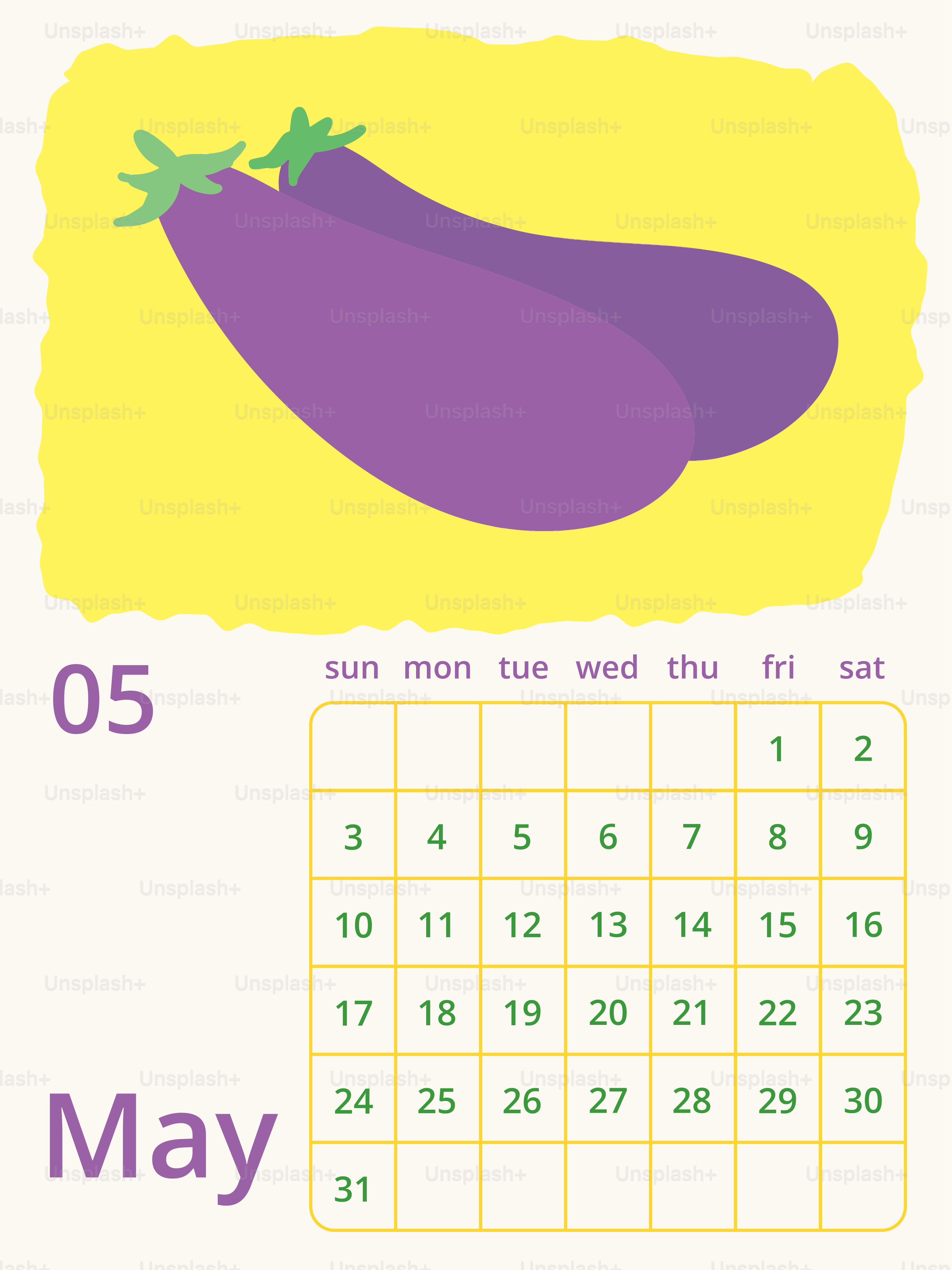 Two purple eggplants above a may calendar.