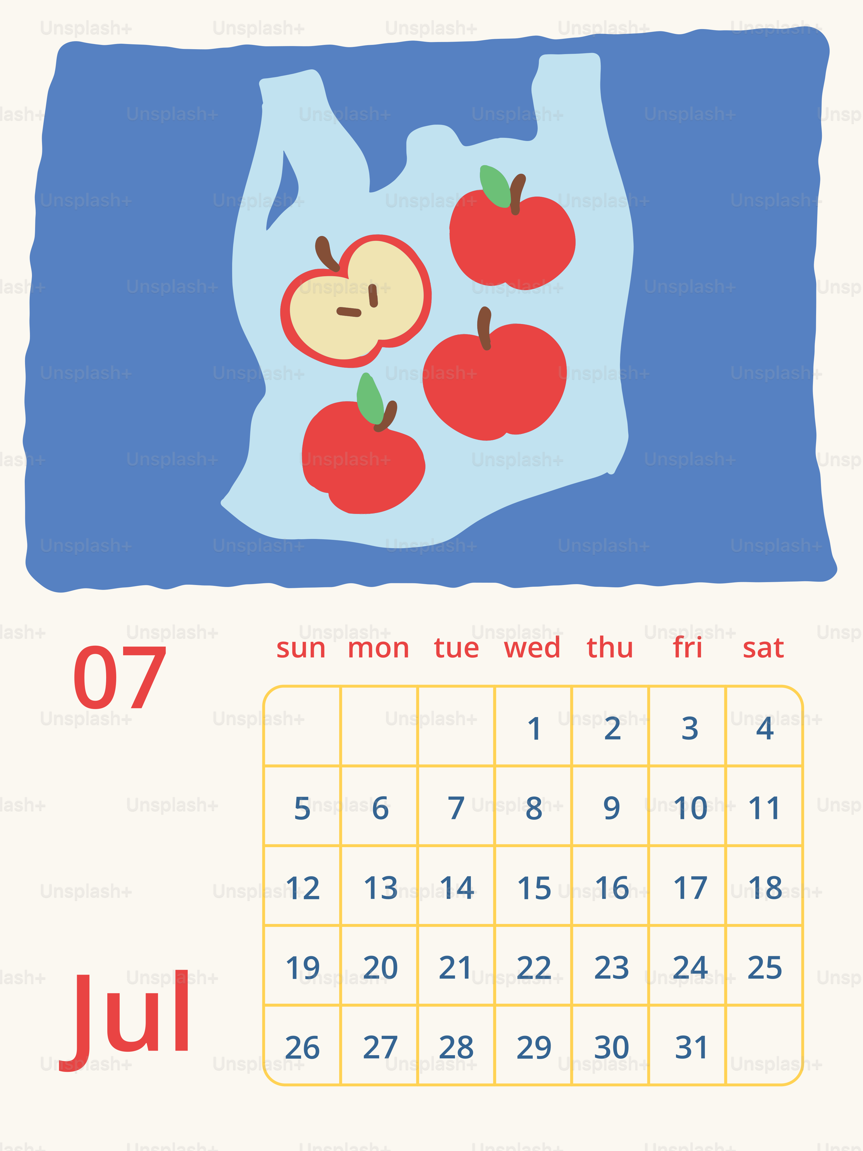 Sacola plástica com maçãs e um calendário de julho