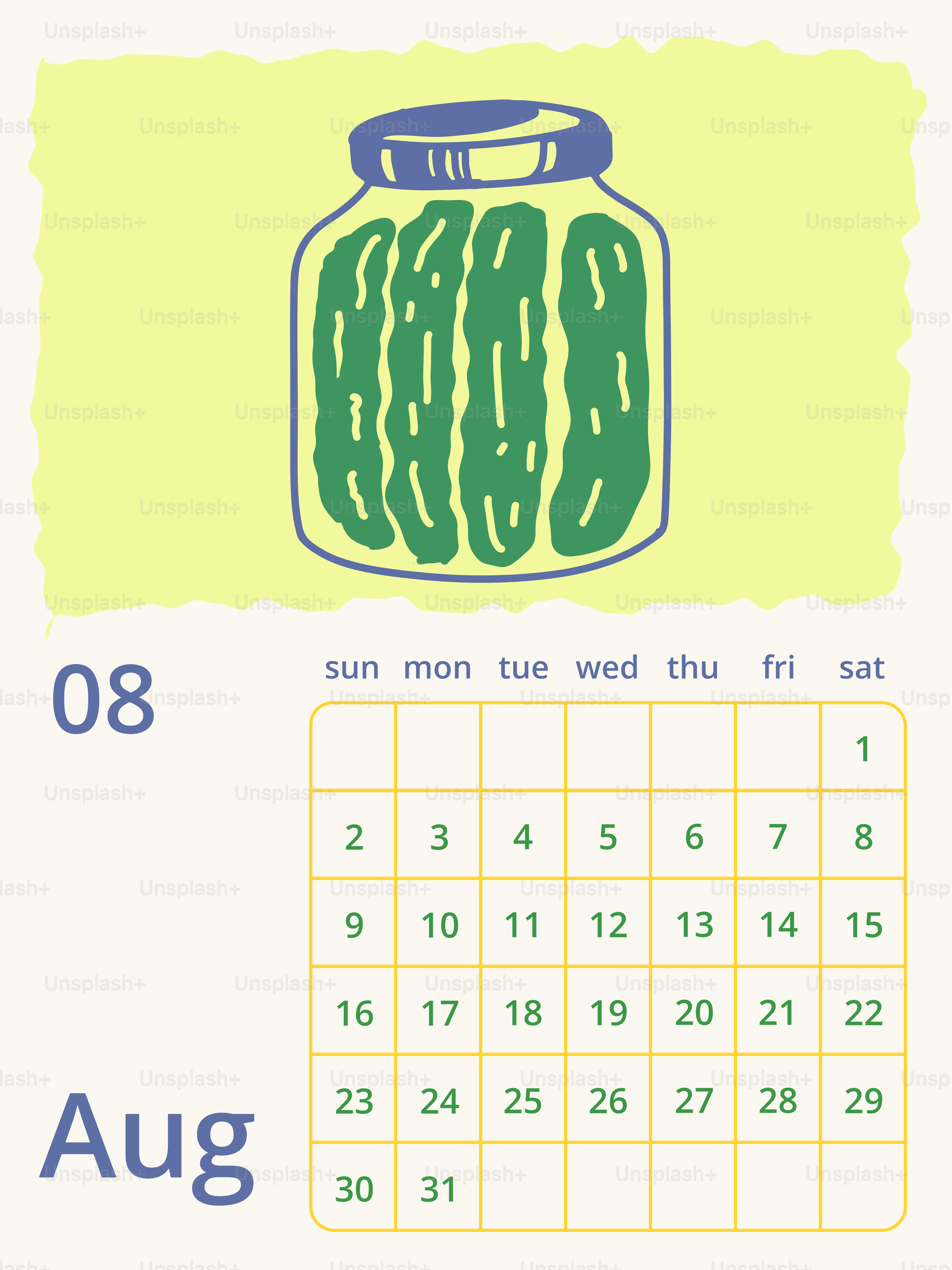 Jar of pickles with august calendar