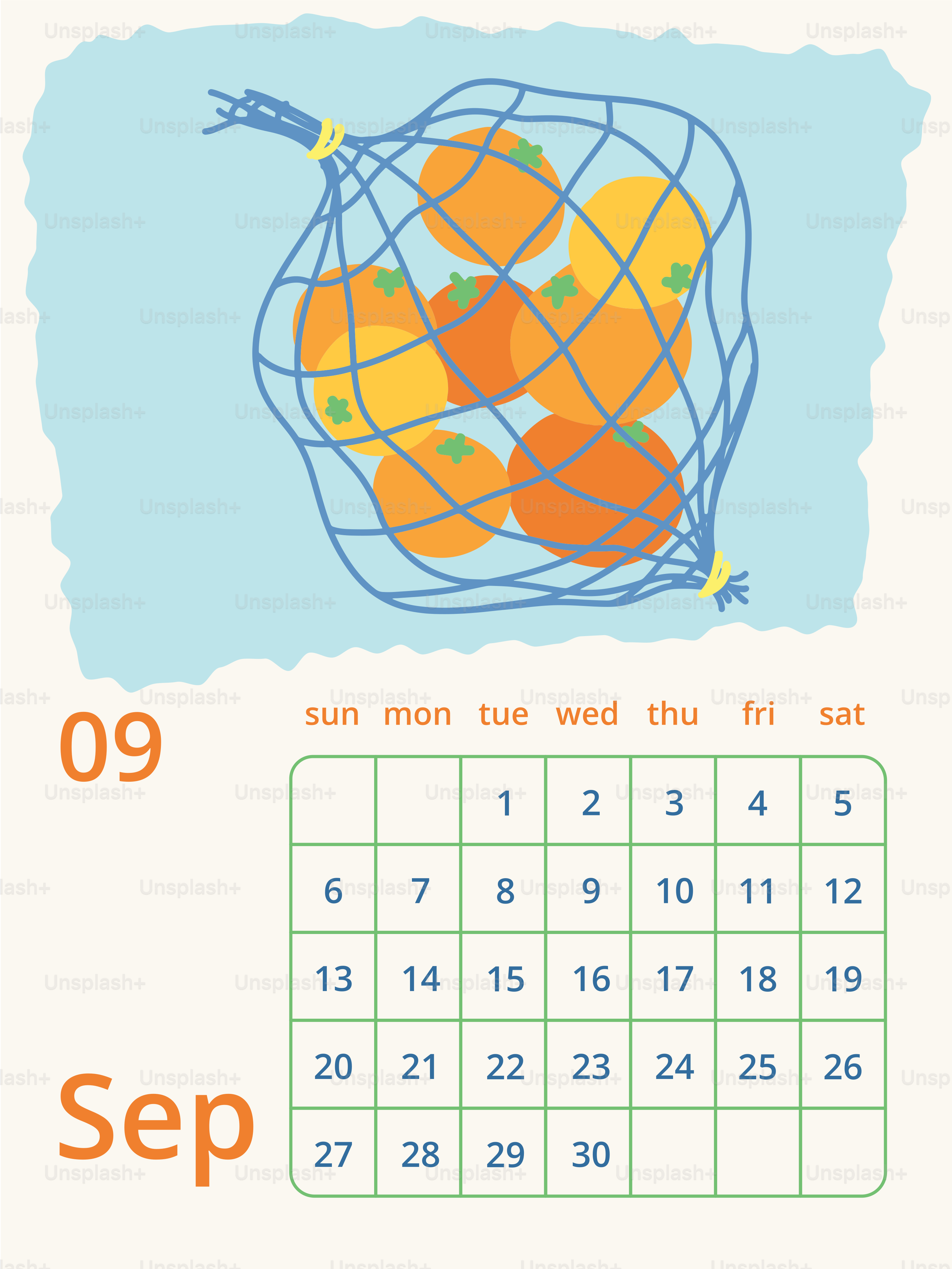 Bolsa de naranjas con calendario de septiembre