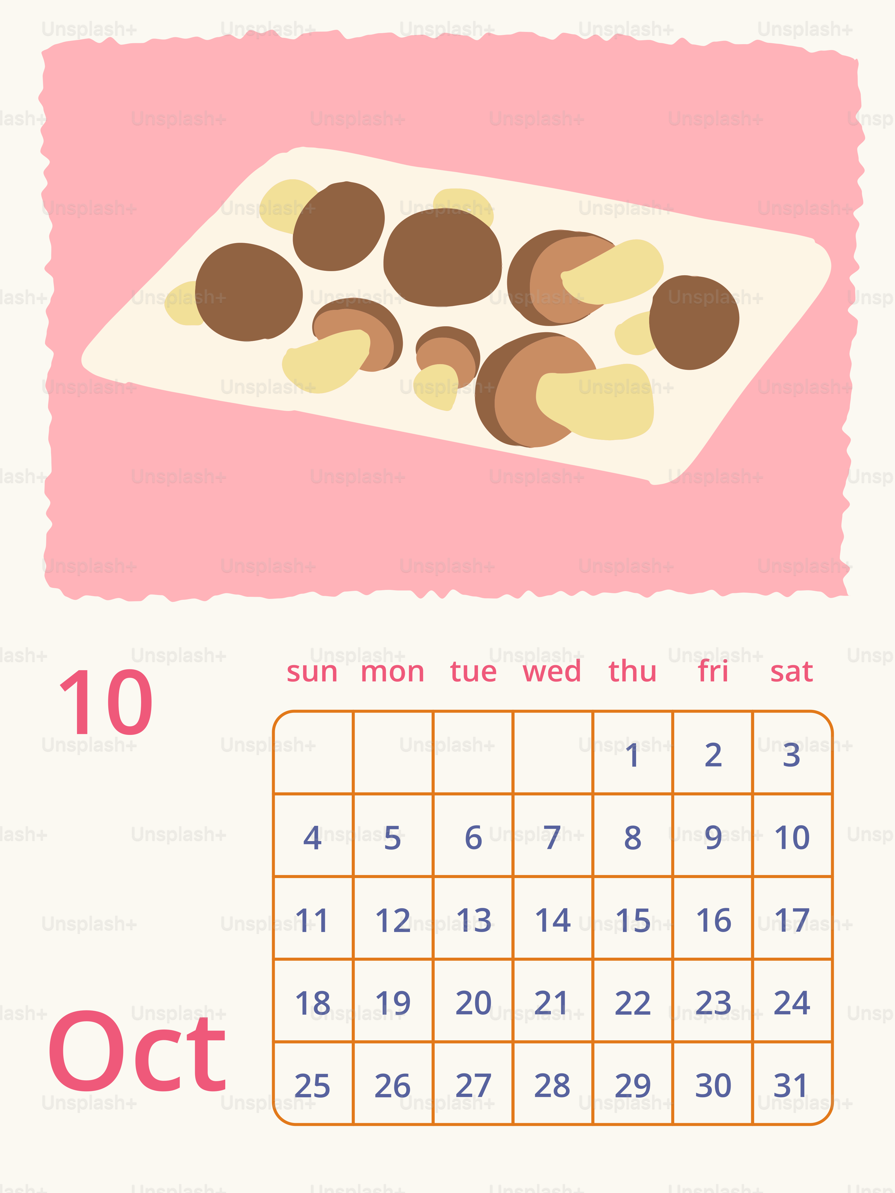 October calendar with mushrooms on a platter.