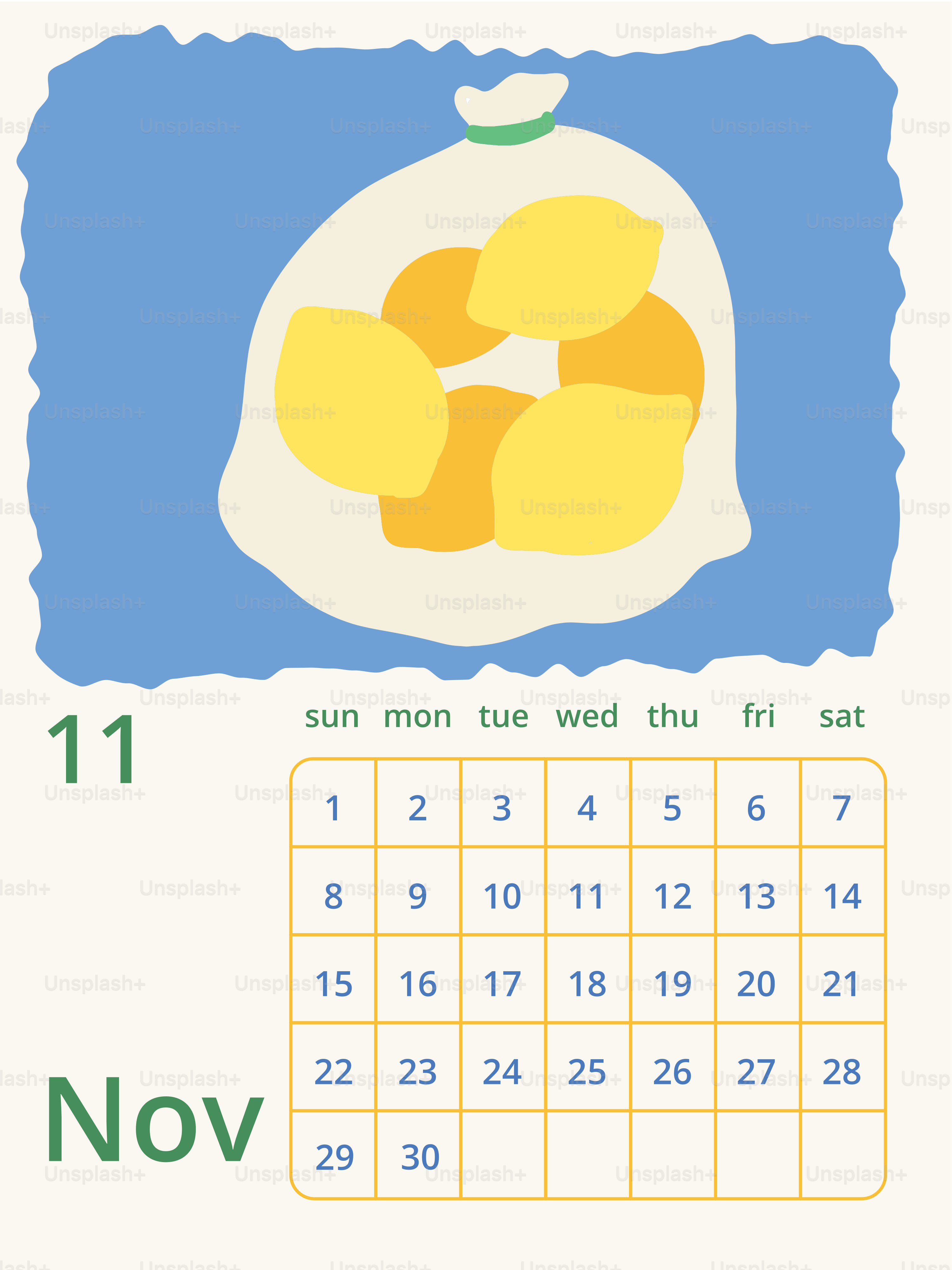 Bolsa de limones y naranjas con calendario de noviembre