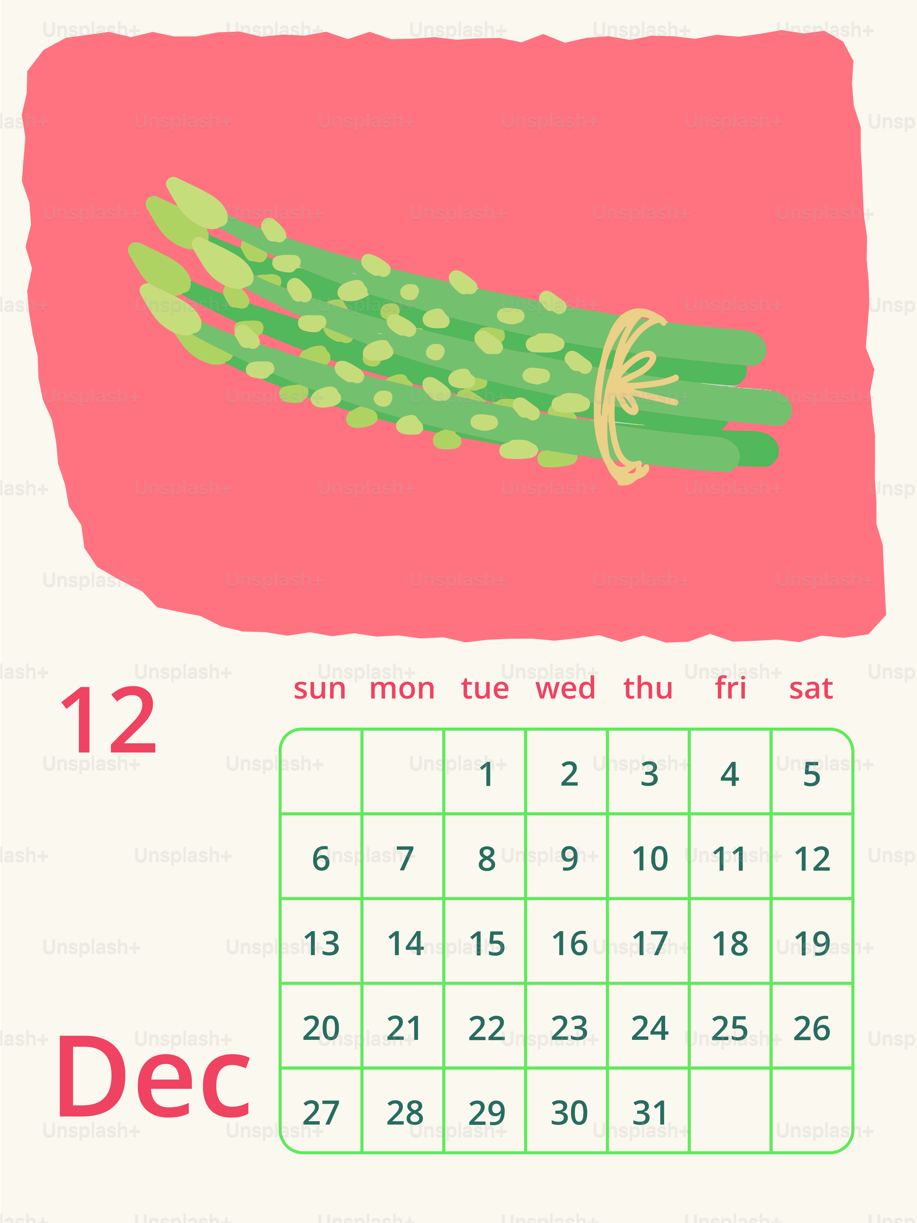 Bunch of asparagus with a december calendar