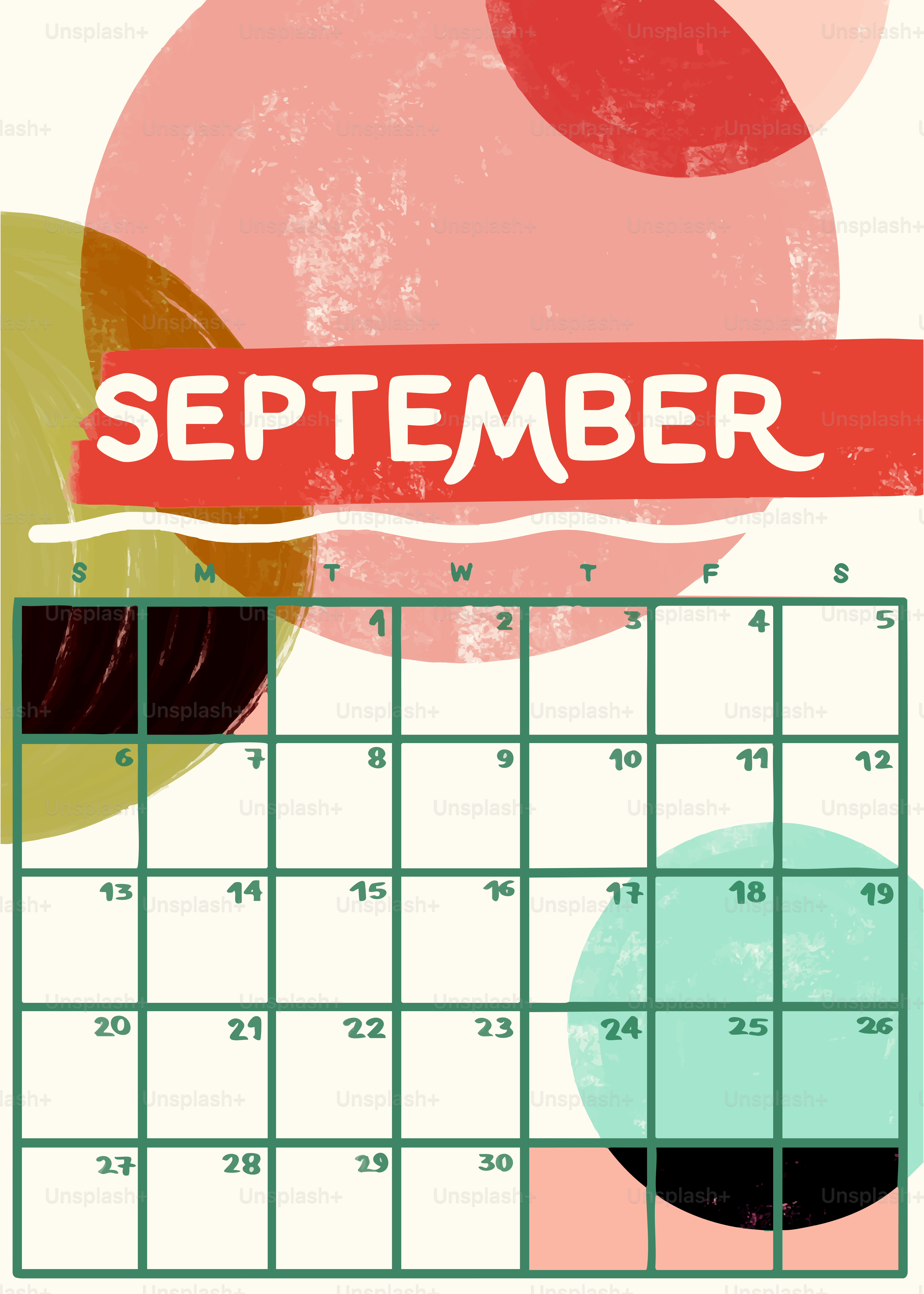 Calendario de septiembre con formas y texturas abstractas