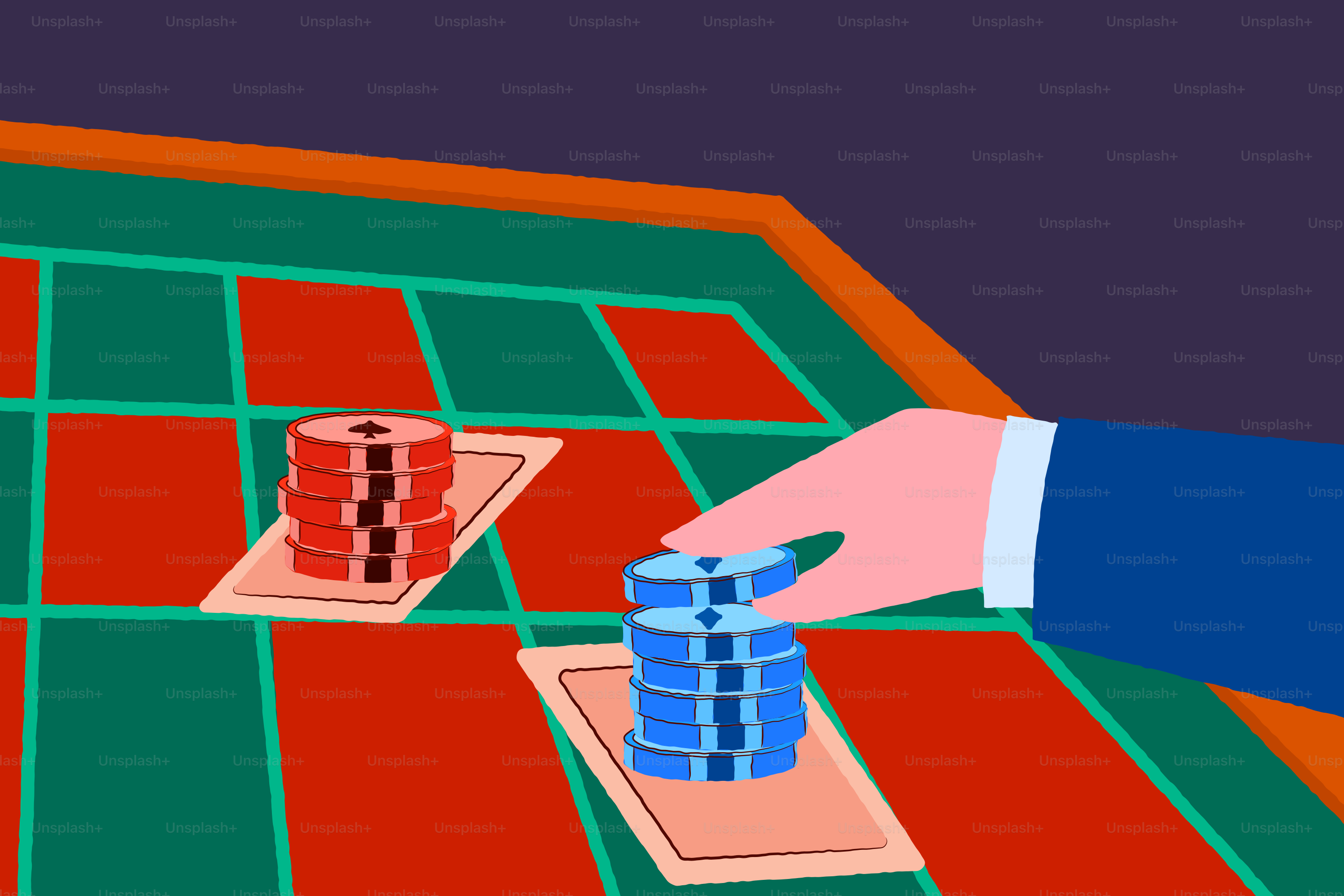 Hand placing chips on a roulette table.