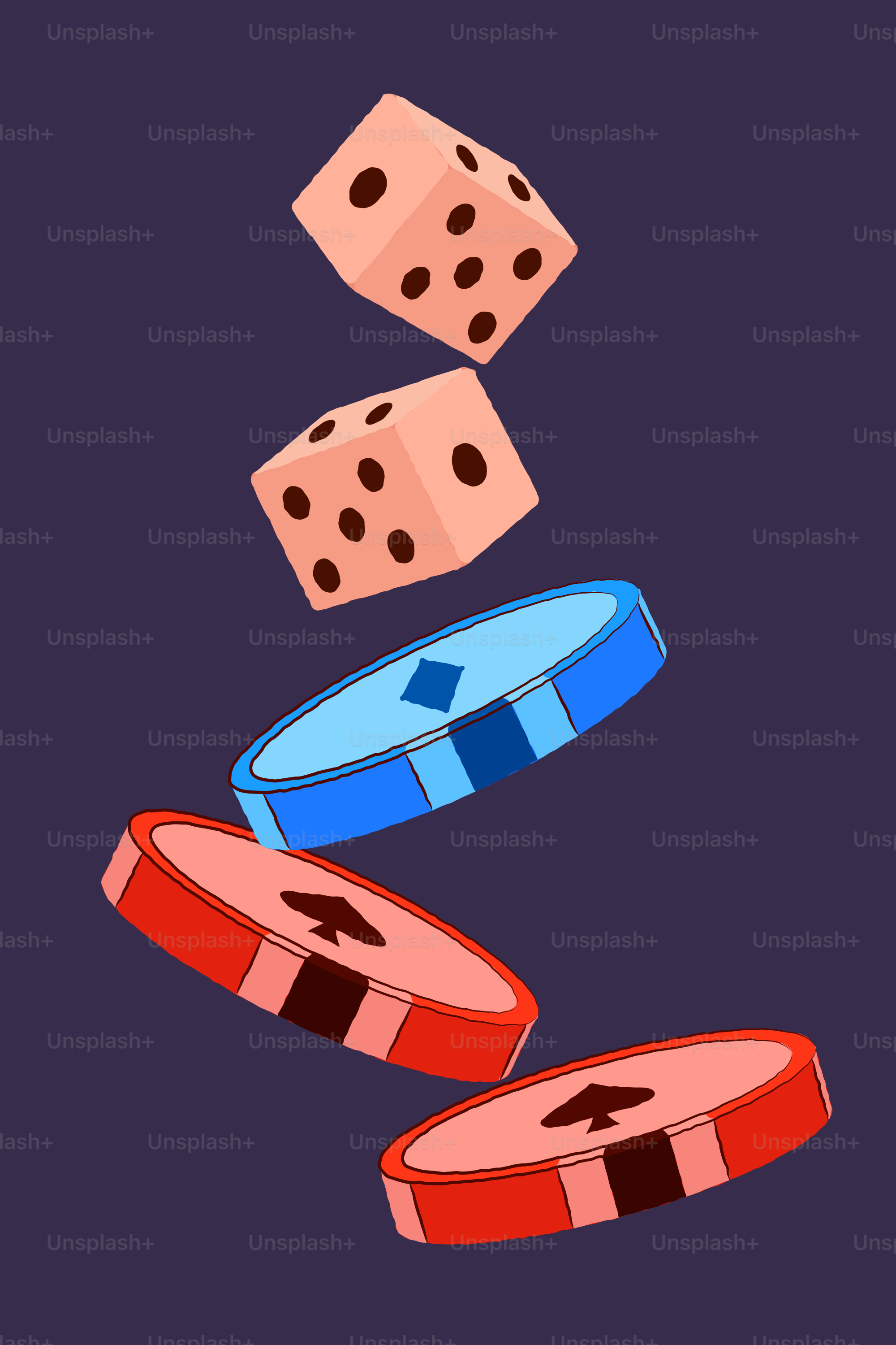 Würfel und Casinochips fallen vor dunklem Hintergrund