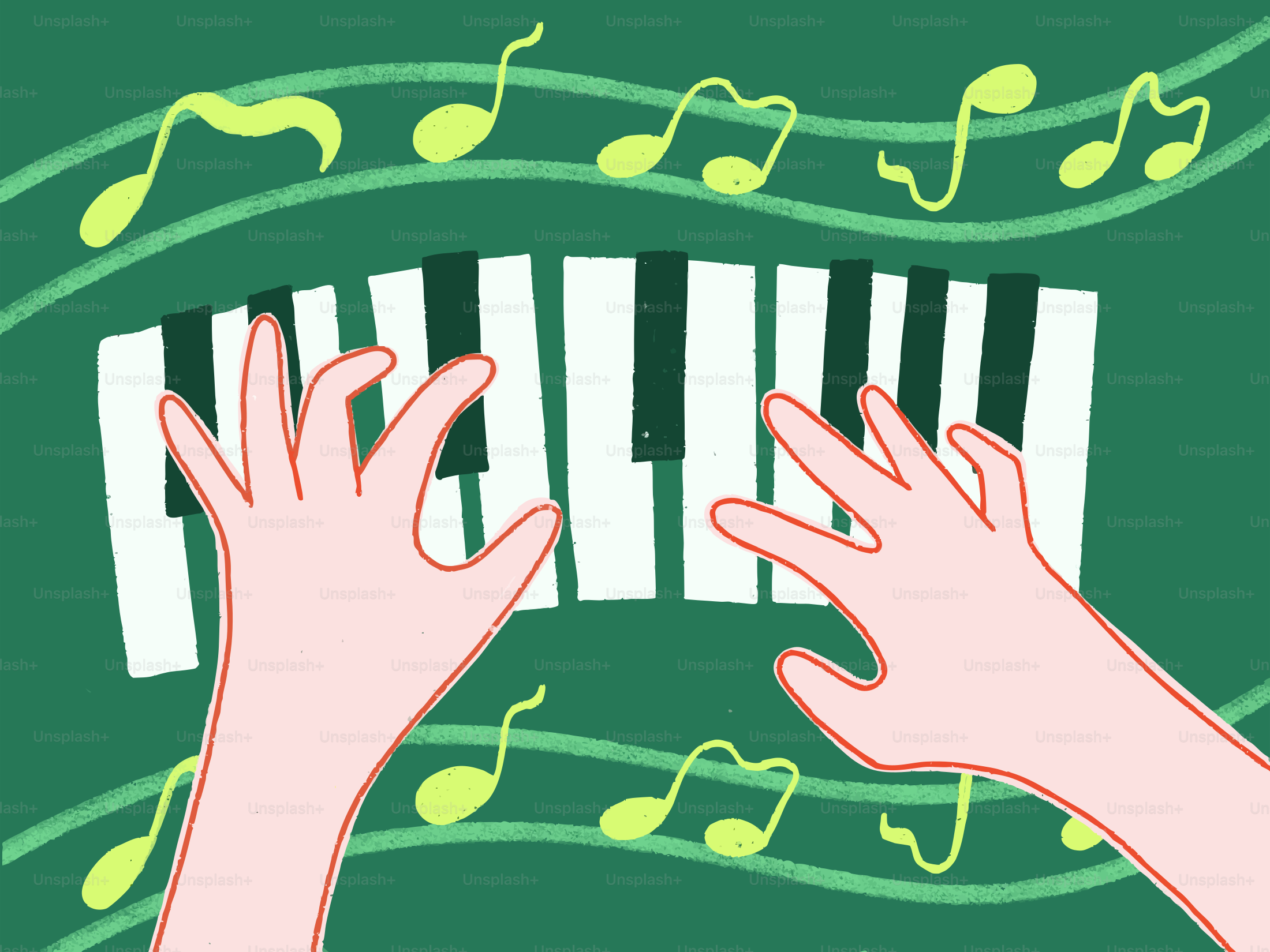 Hände, die Klavier mit Noten spielen.