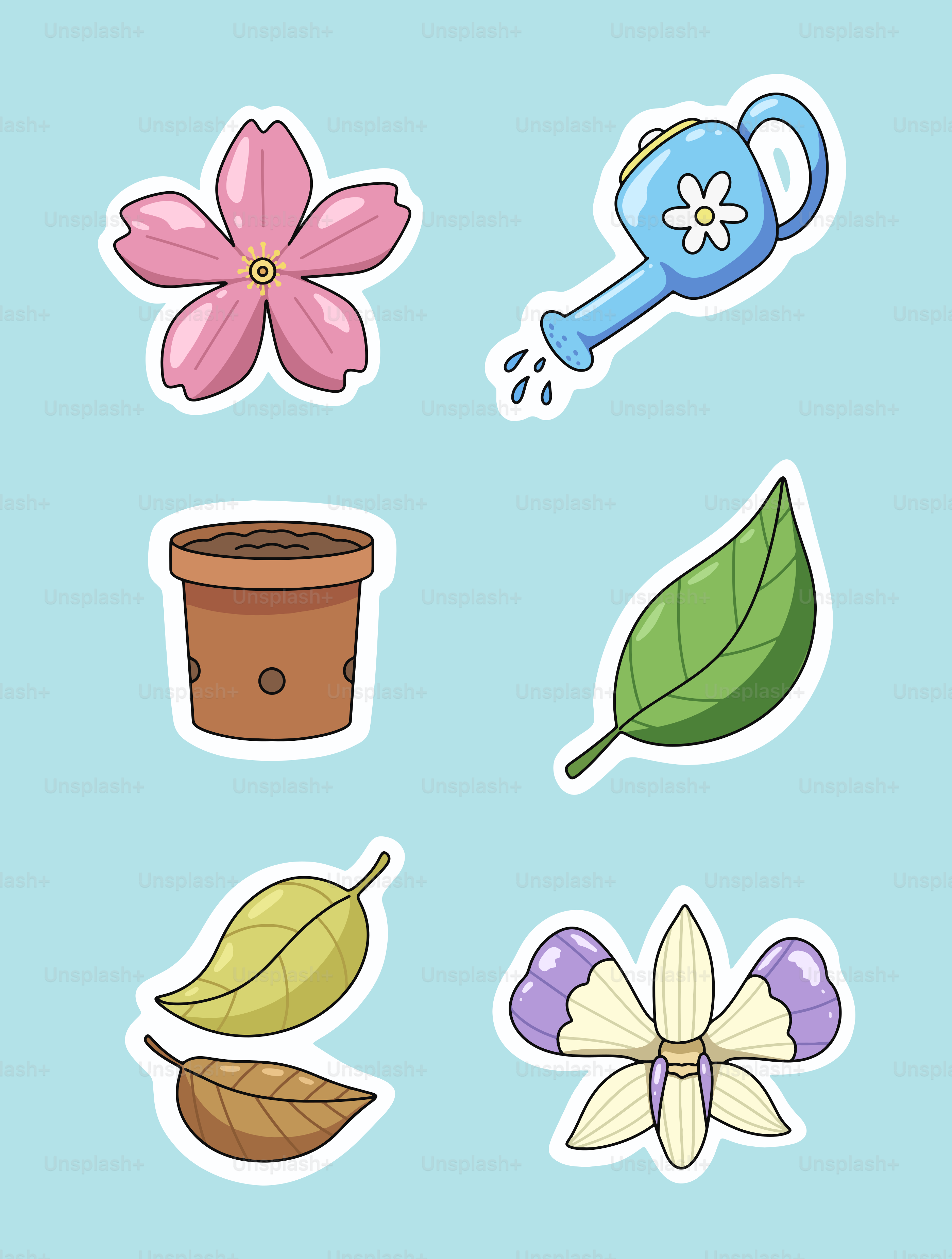 Gartenelemente: Blume, Gießkanne, Topf, Blätter, Orchidee.