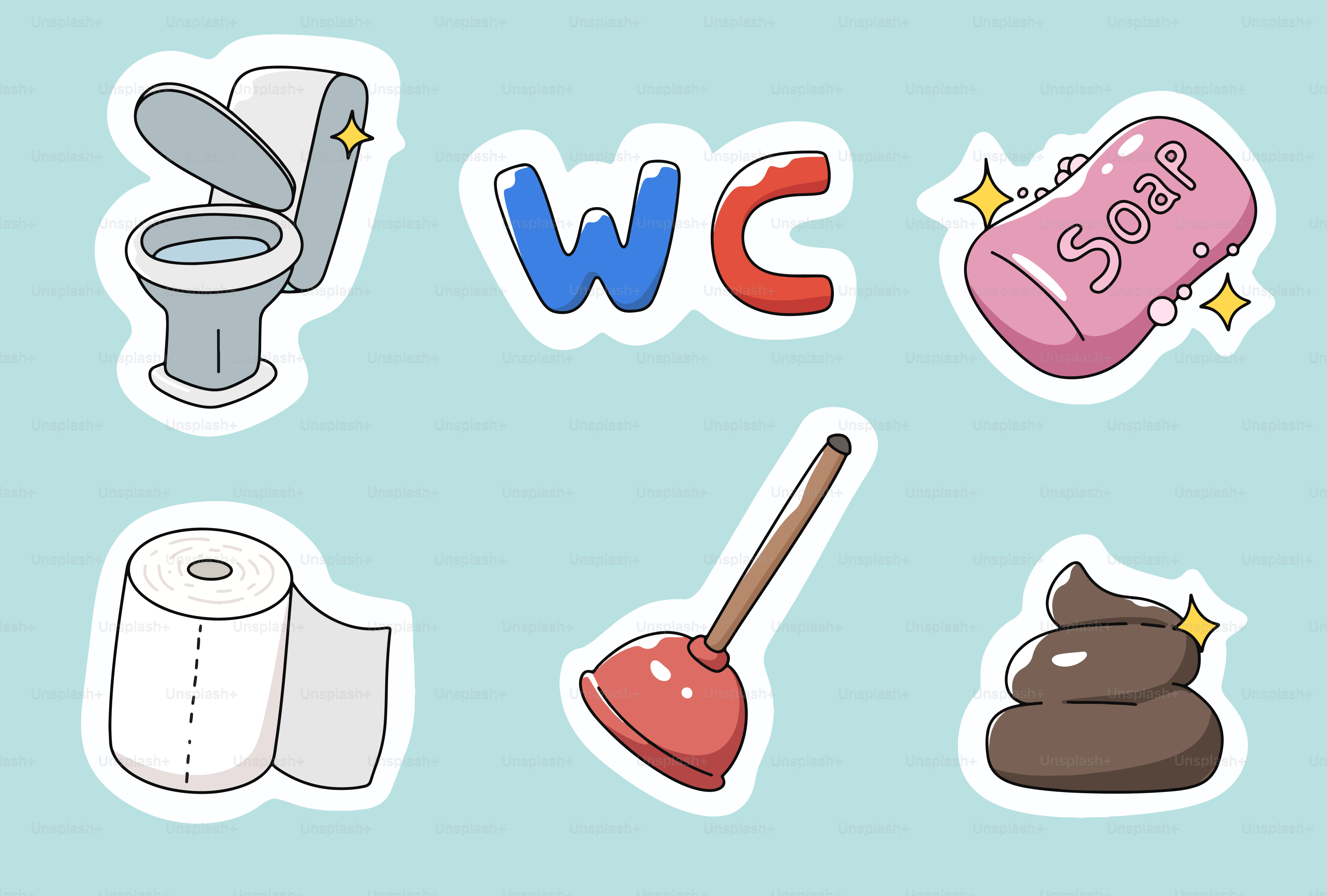 Toilettes, panneau WC, savon, papier toilette, détonateur et crottes.