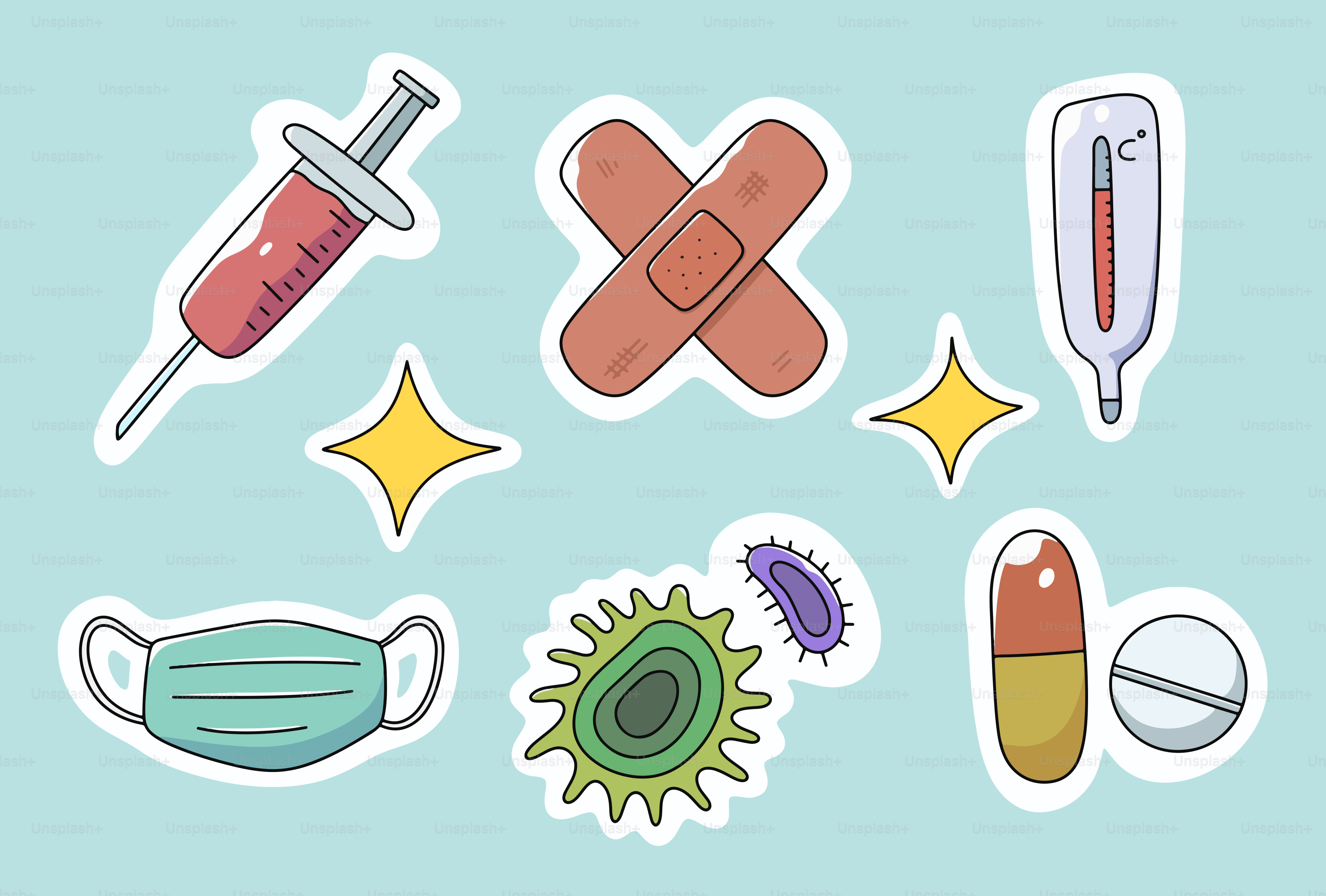 Medical icons: syringe, bandages, thermometer, mask, germs, pills.