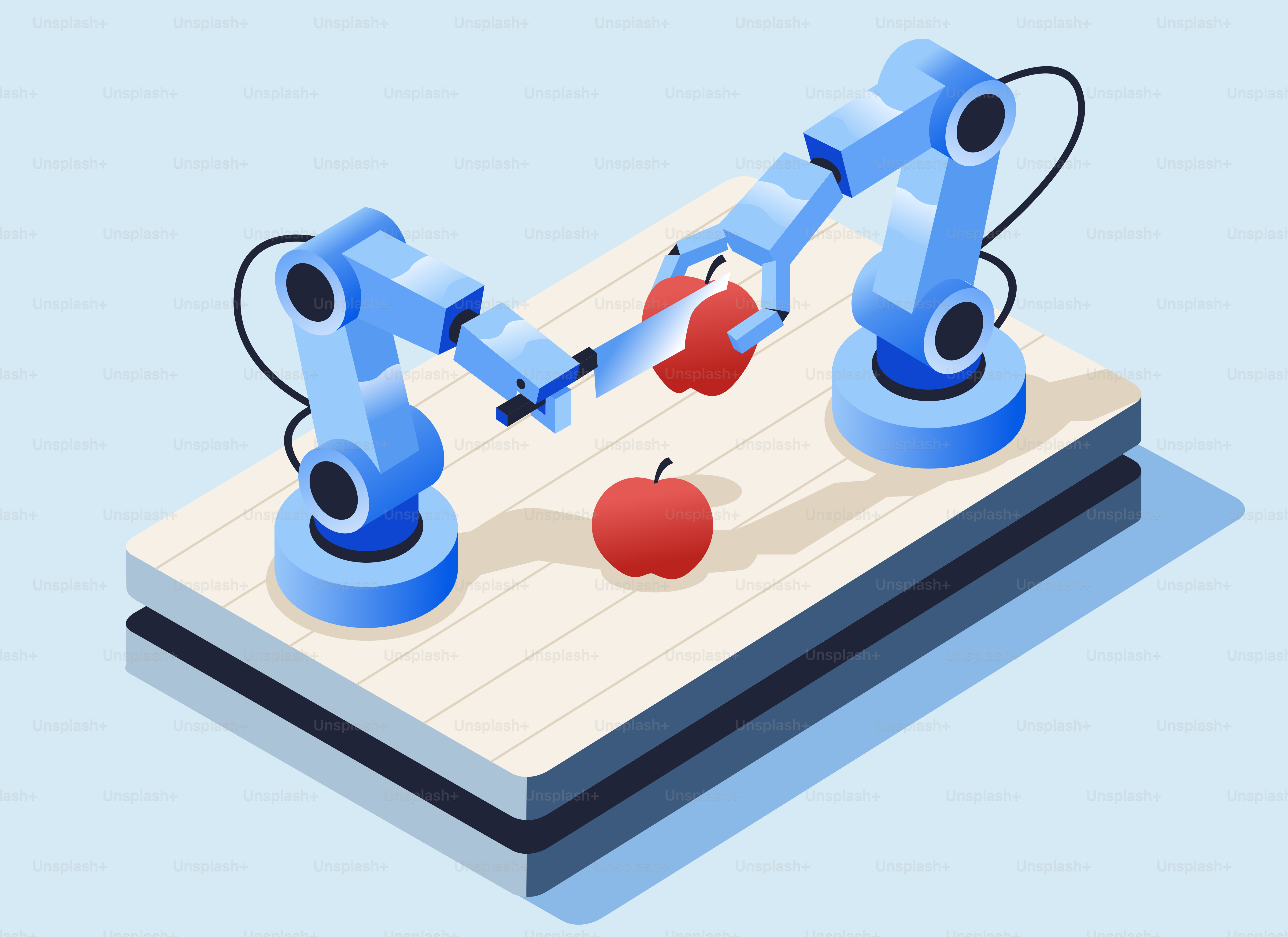Robotic arms preparing an apple on a wooden surface.