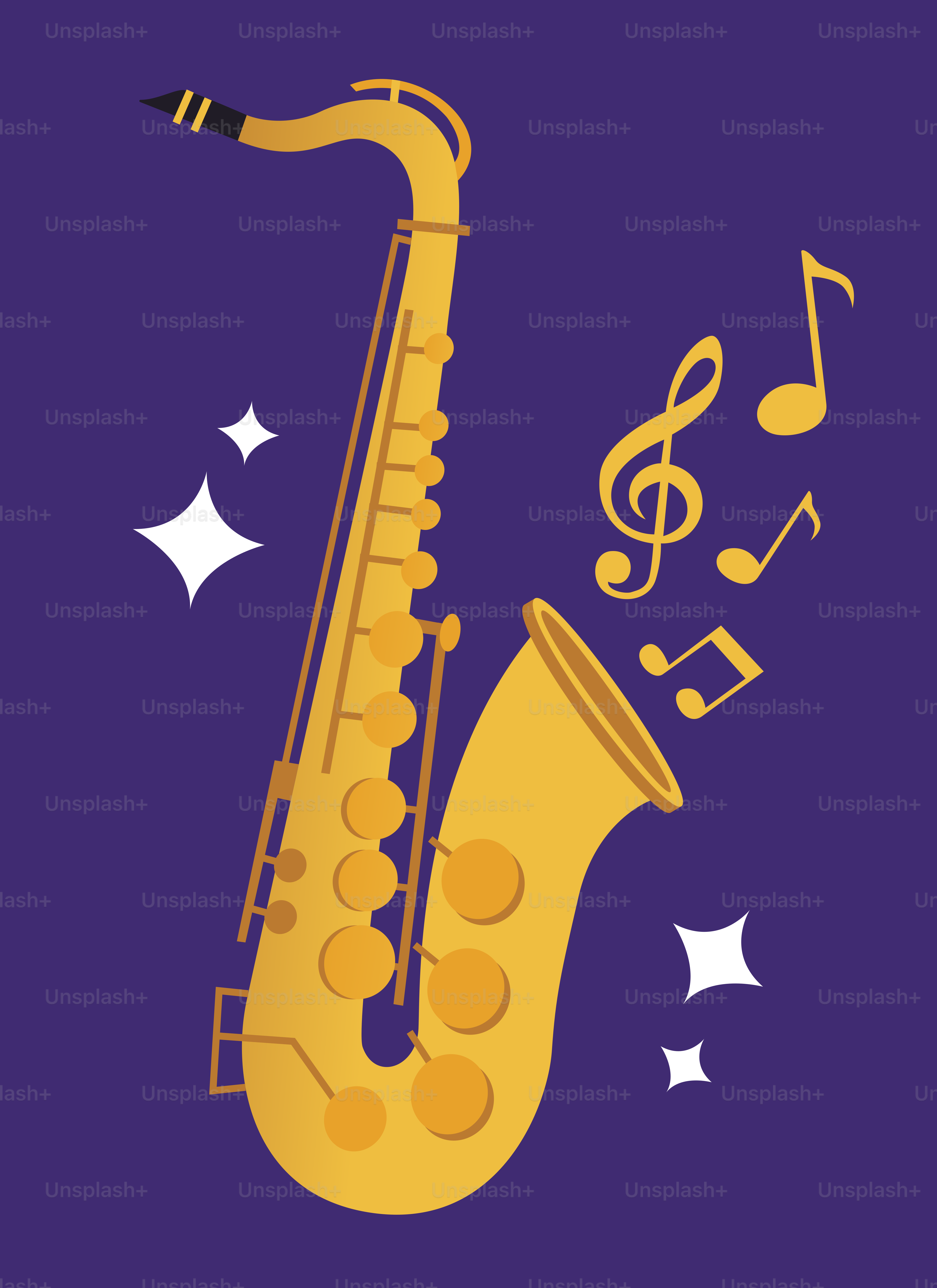 Saxophone doré avec notes de musique sur fond violet