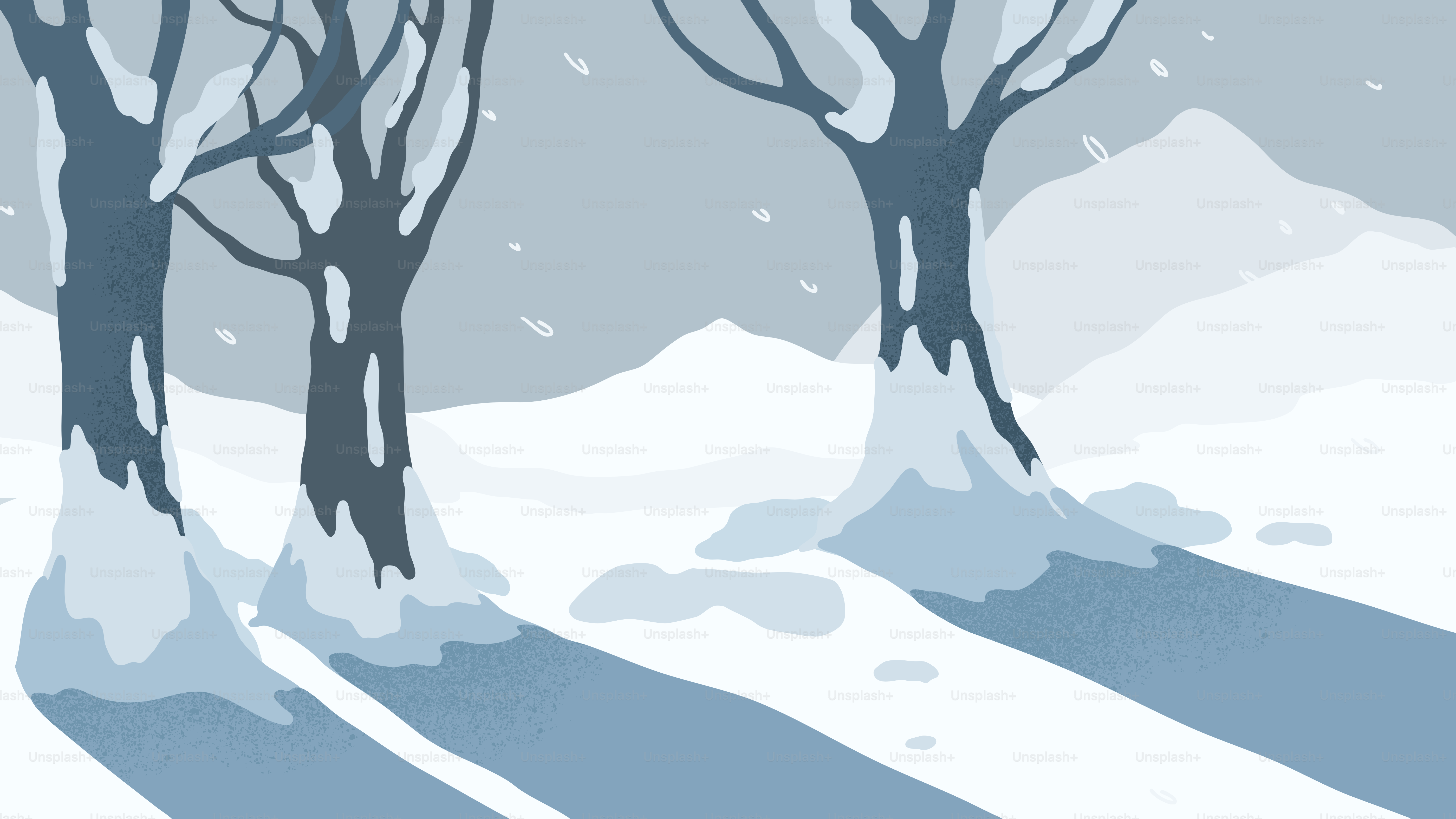 Snowy trees with mountains in the background