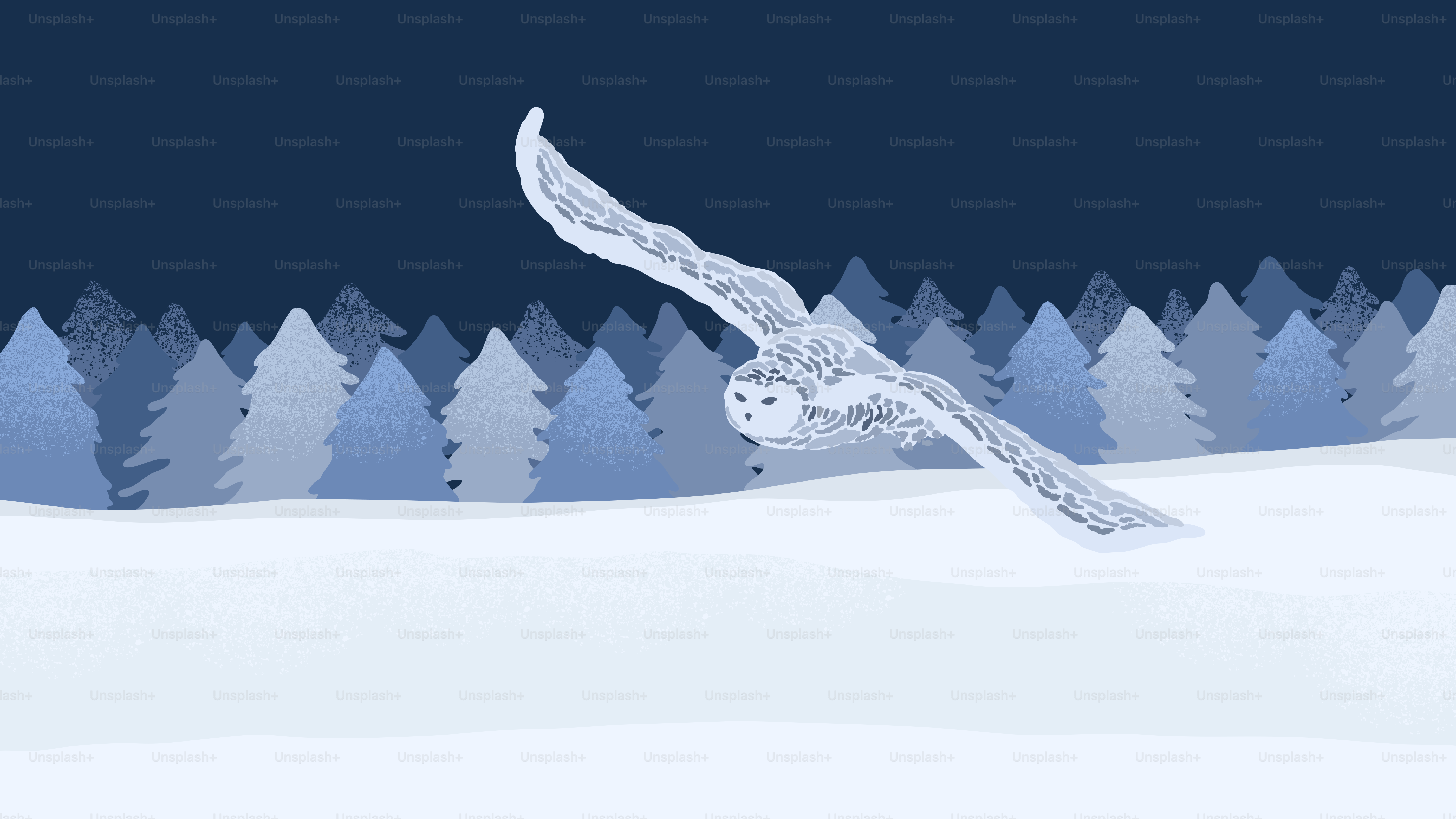 A snowy owl flies over a winter forest.