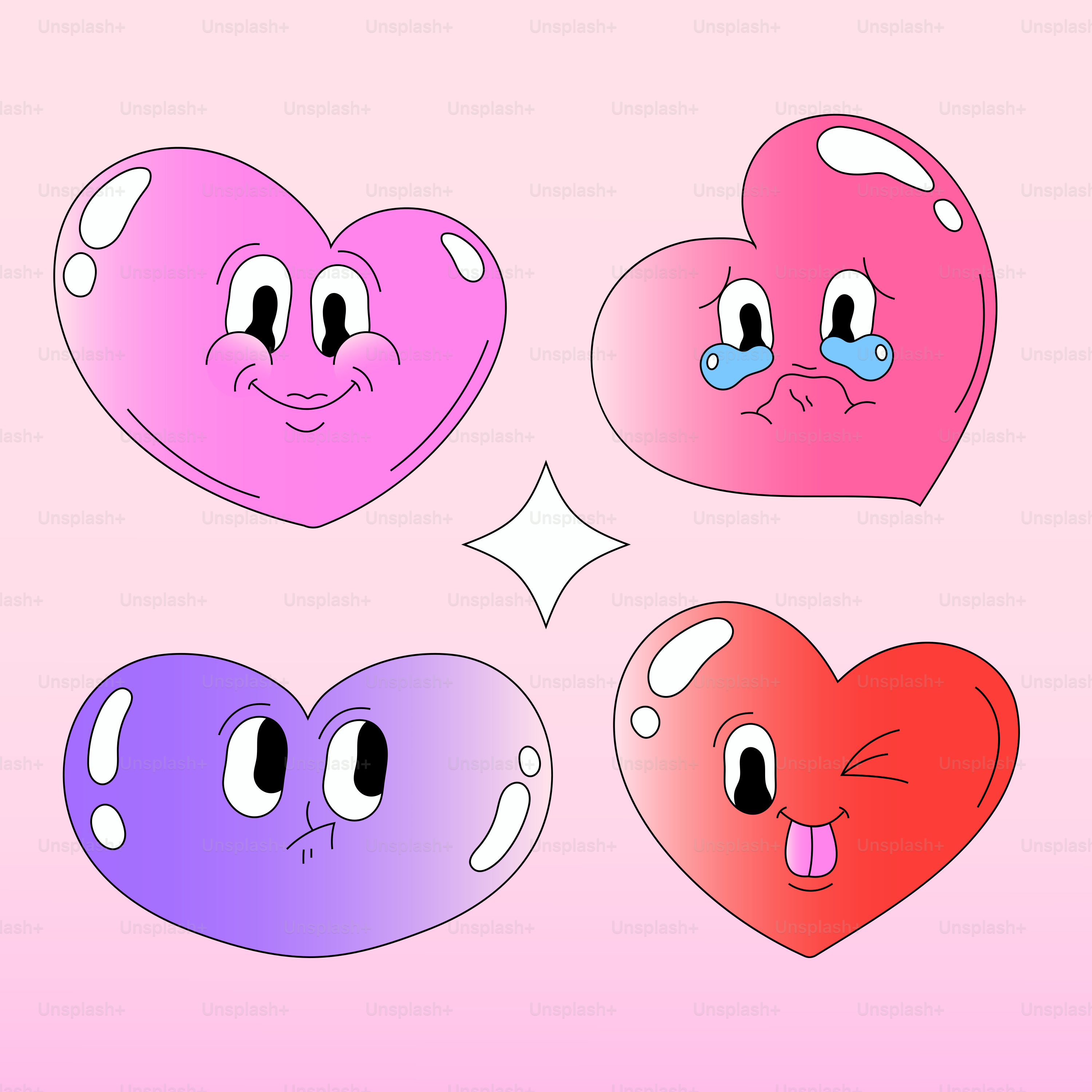 ピンクの背景に異なる表情を持つ4つのカートゥーンハート