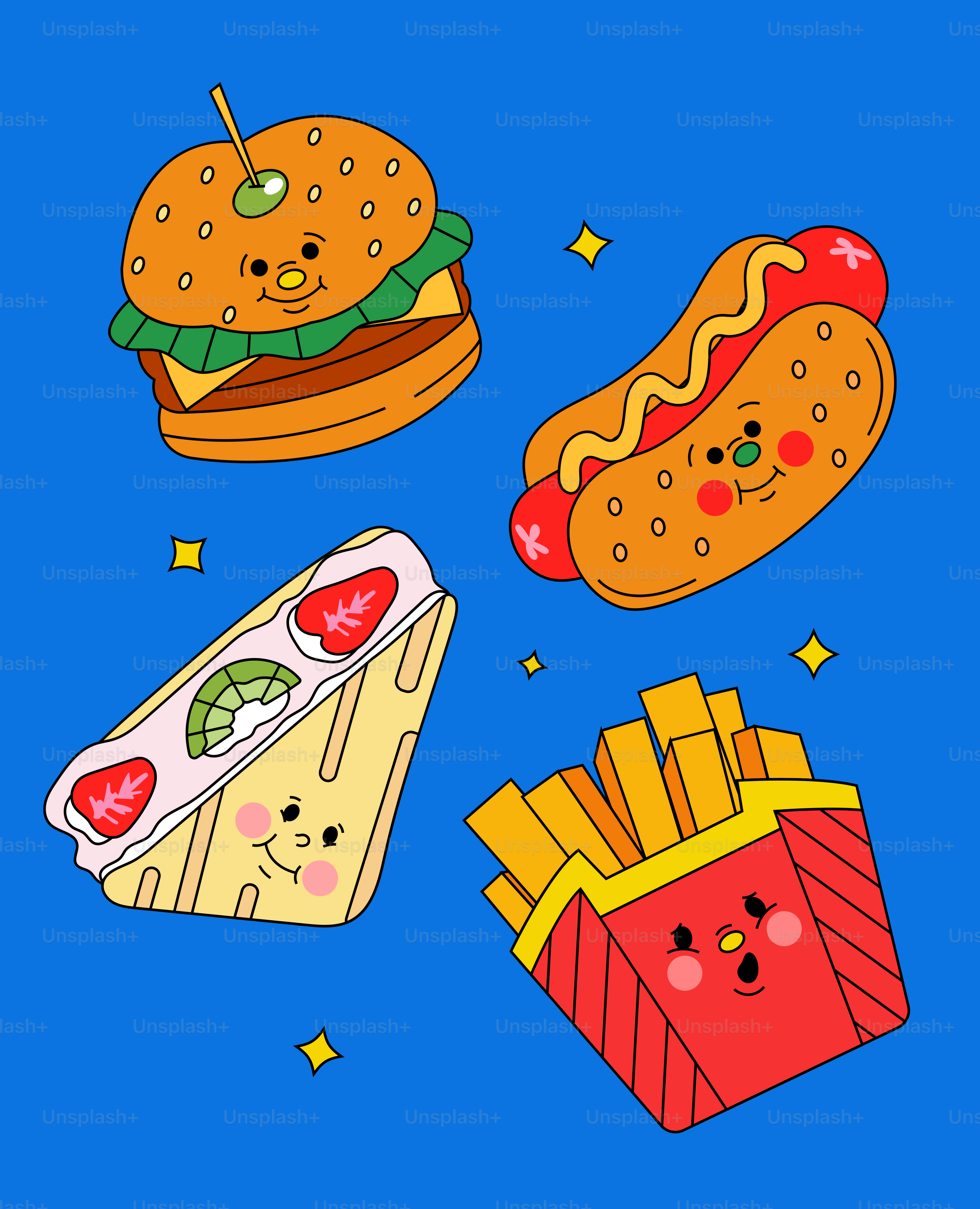 Cute cartoon food items on a blue background