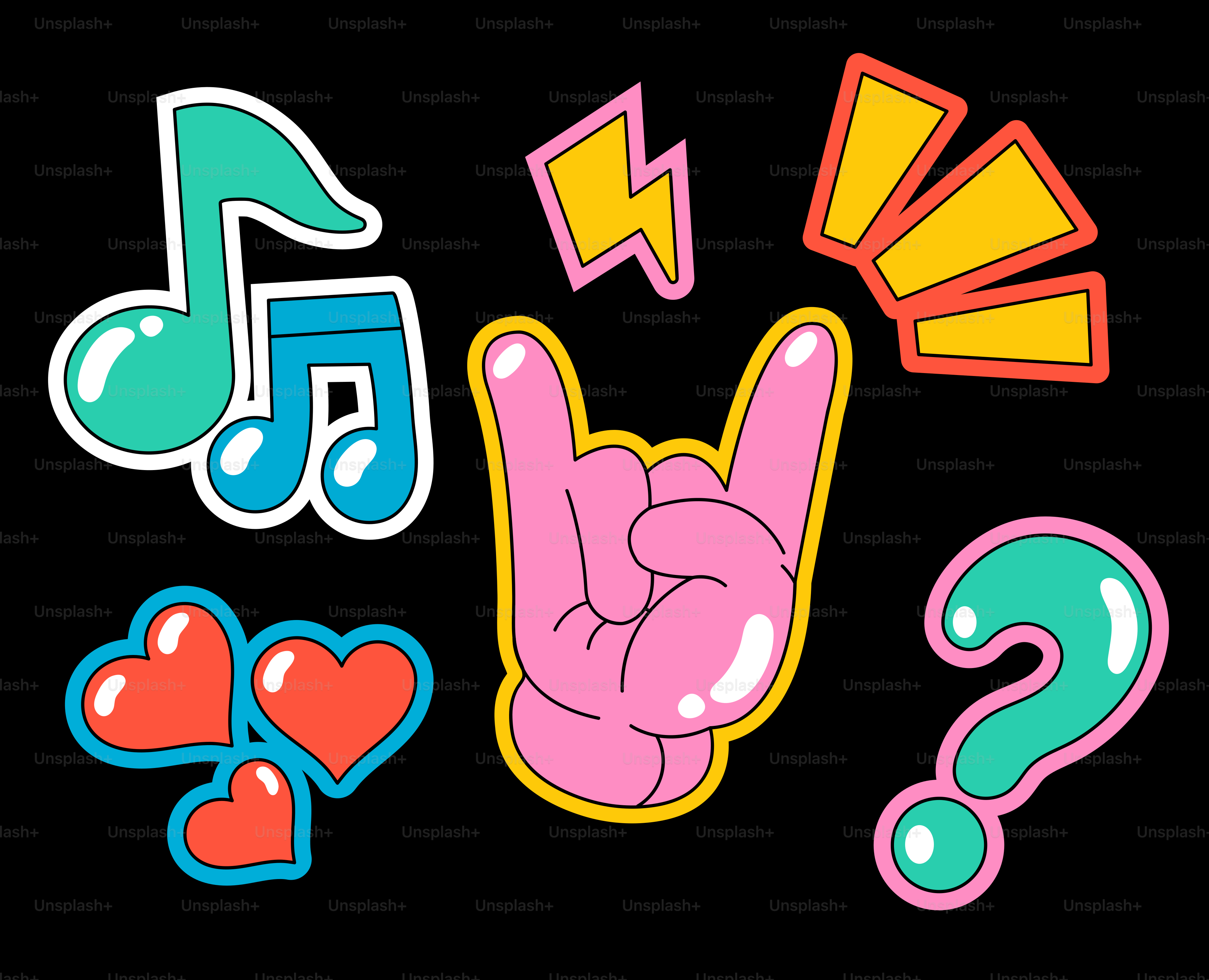 Colorful music notes, hearts, rock hand, and question mark icons.
