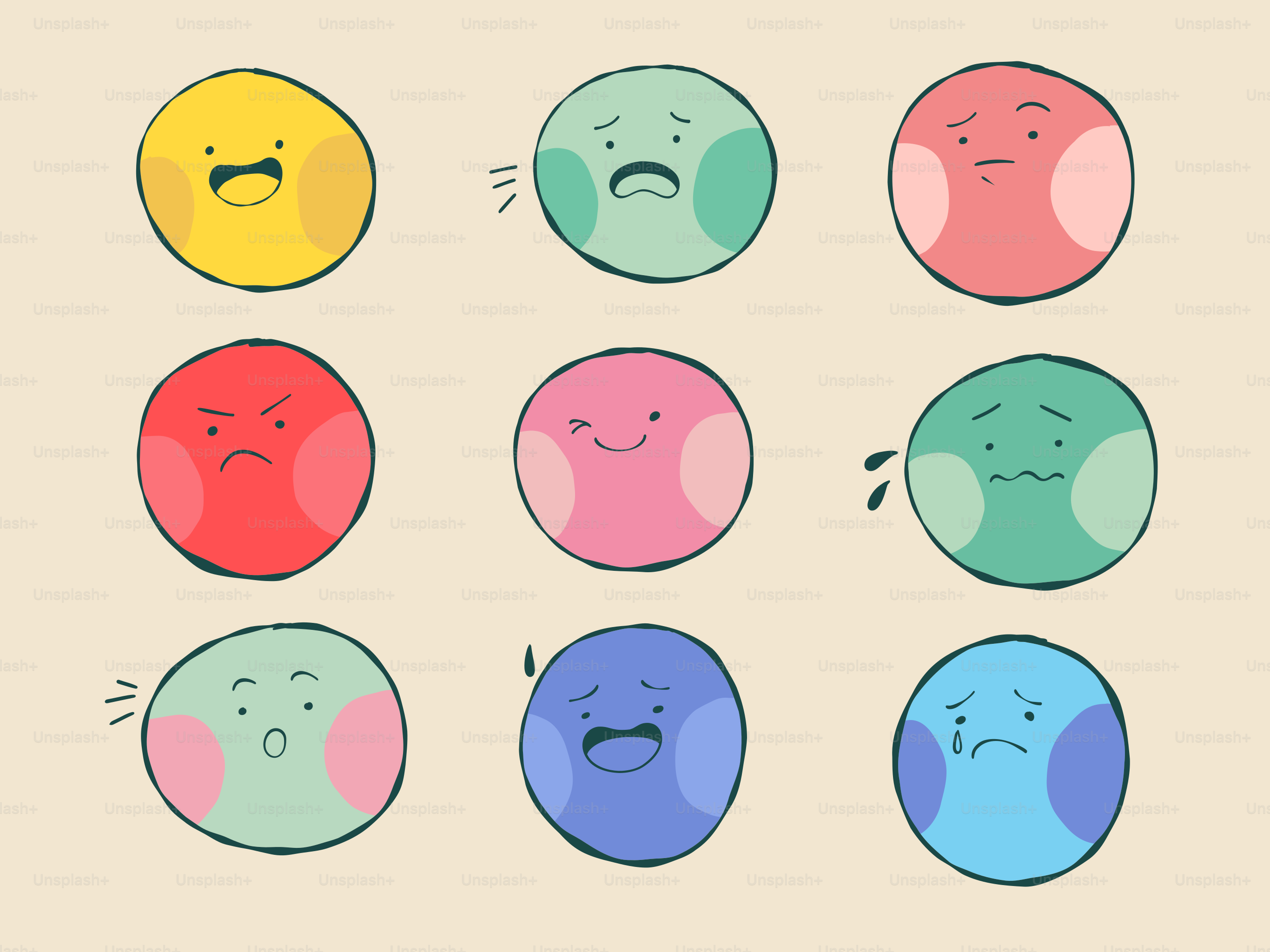 Nine colorful circles with different facial expressions