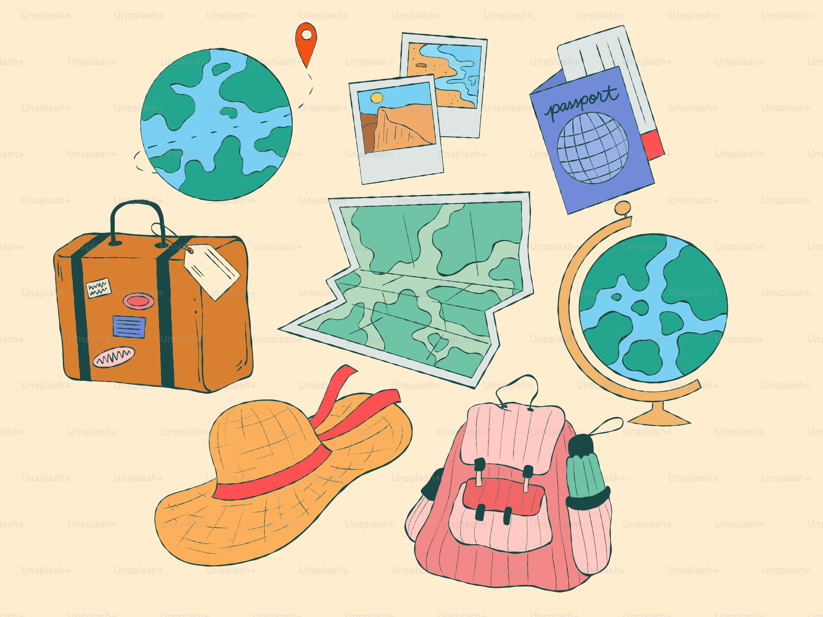 Travel essentials including a globe, suitcase, and passport.