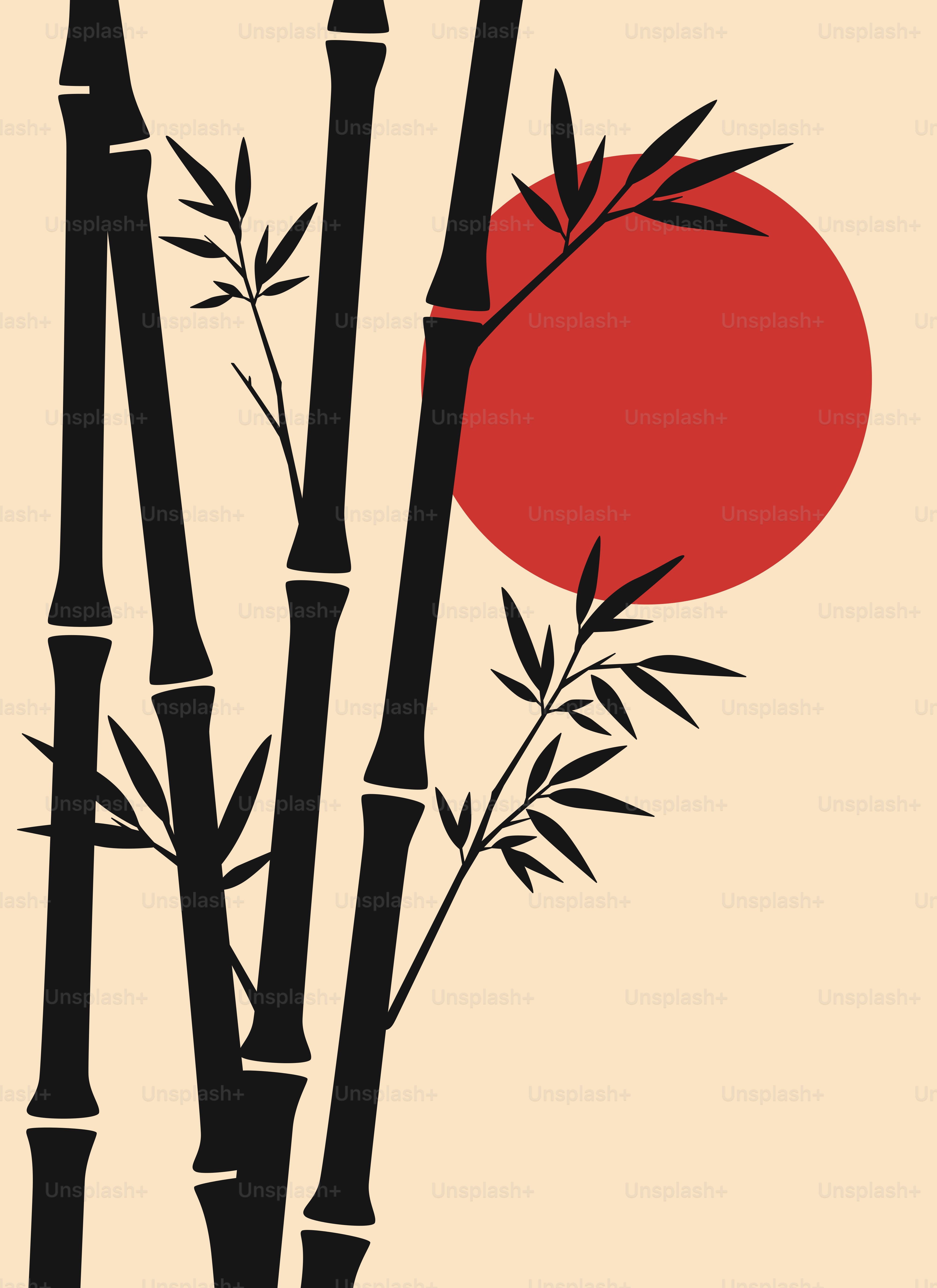 Black bamboo stalks against a red sun