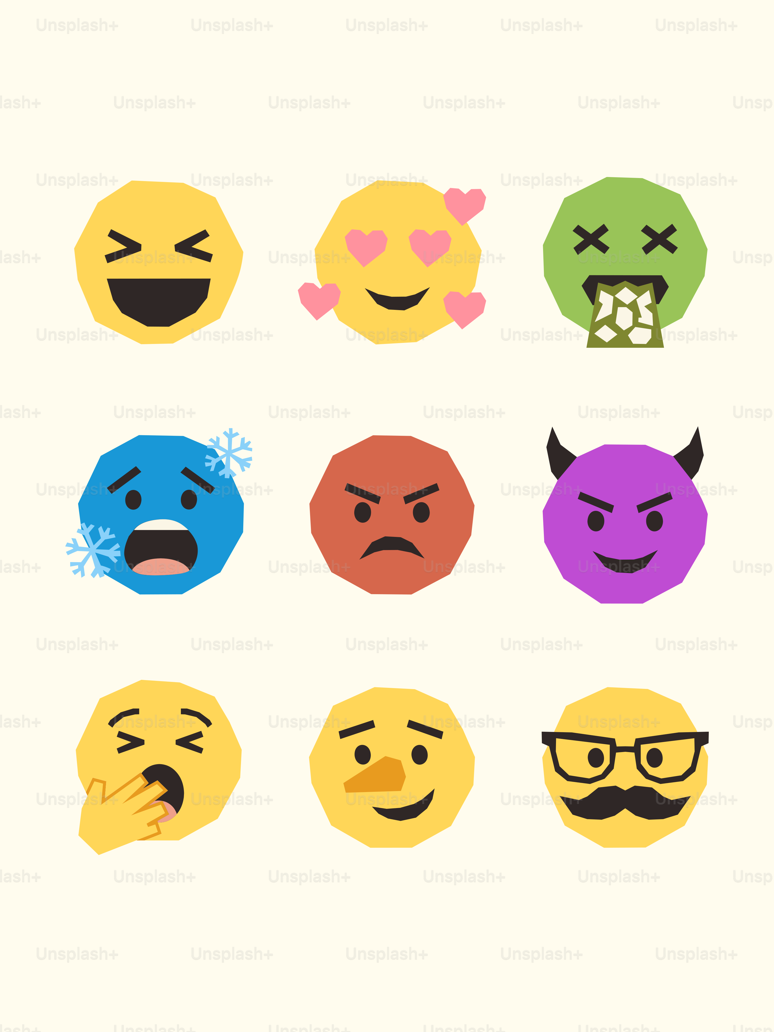 9種類の異なる絵文字が様々な表情で描かれています。