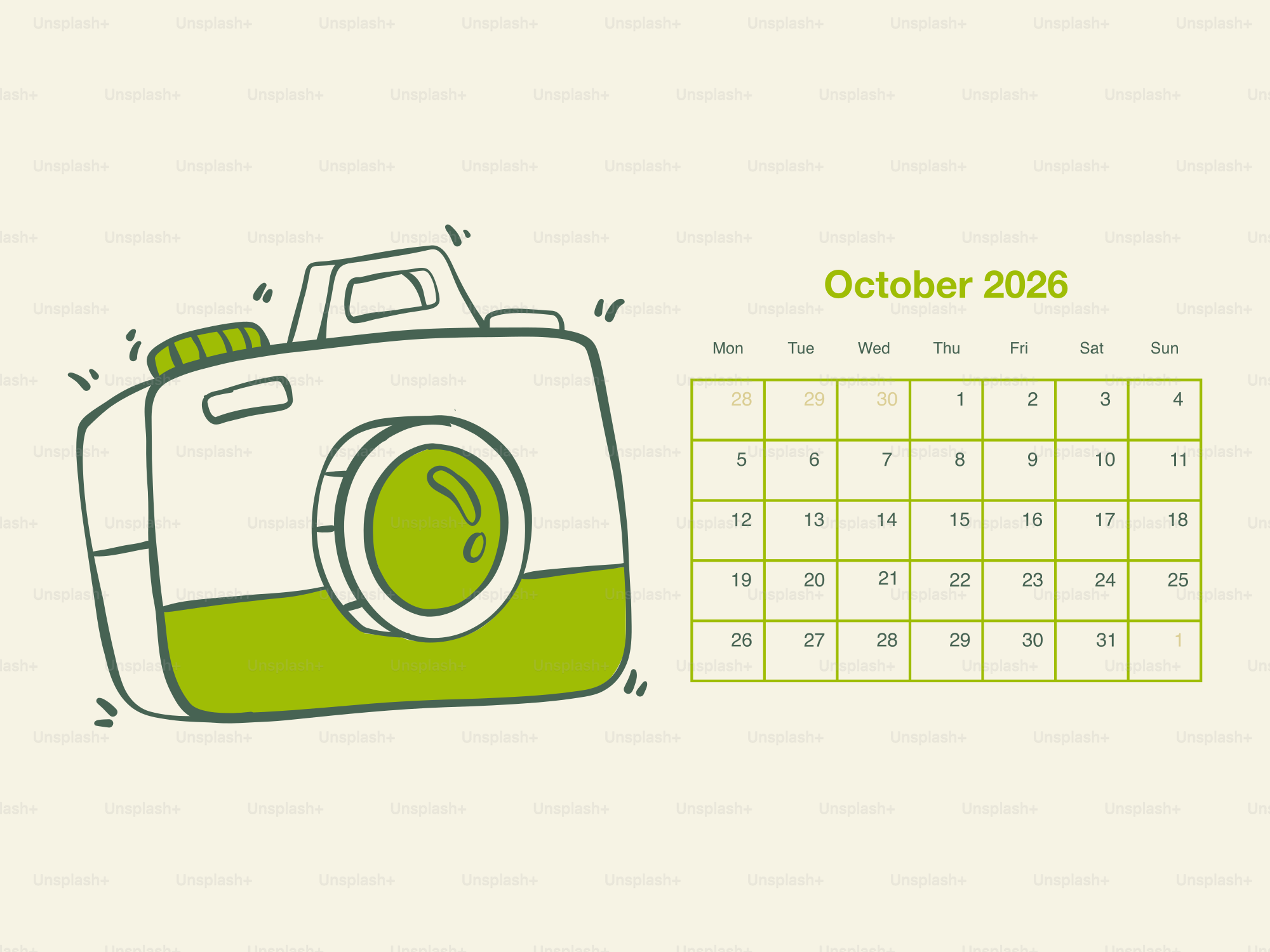 Ilustración de cámara junto al calendario de octubre de 2026