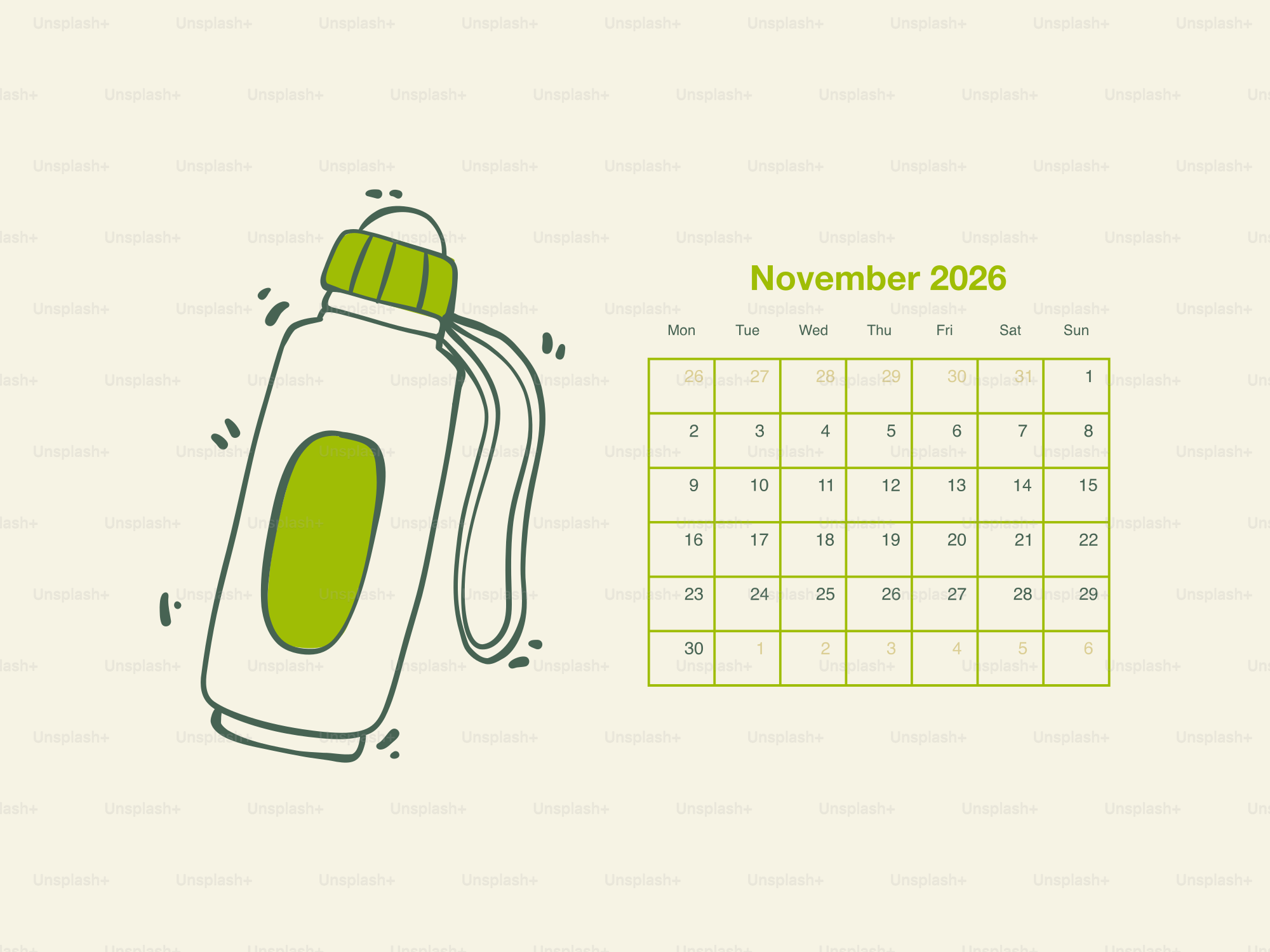 Bottiglia d'acqua e calendario di novembre 2026