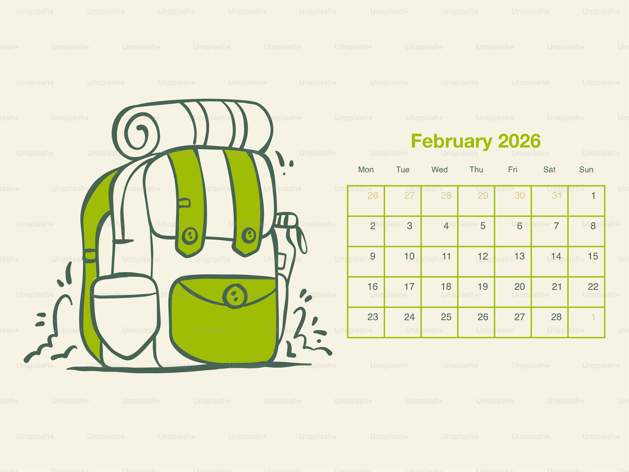 Backpack and february 2026 calendar