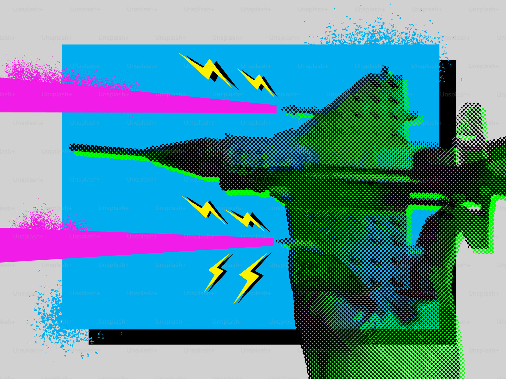 Green fighter jet with pink lasers and yellow lightning.