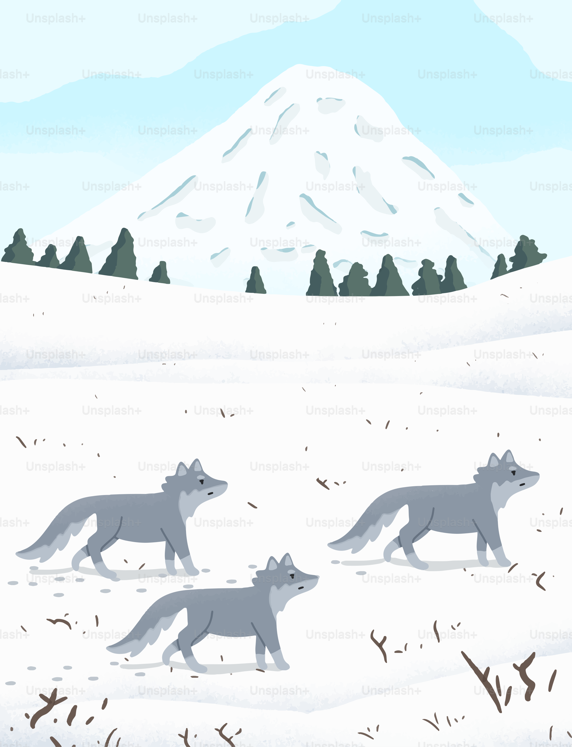 Three wolves walking in a snowy landscape