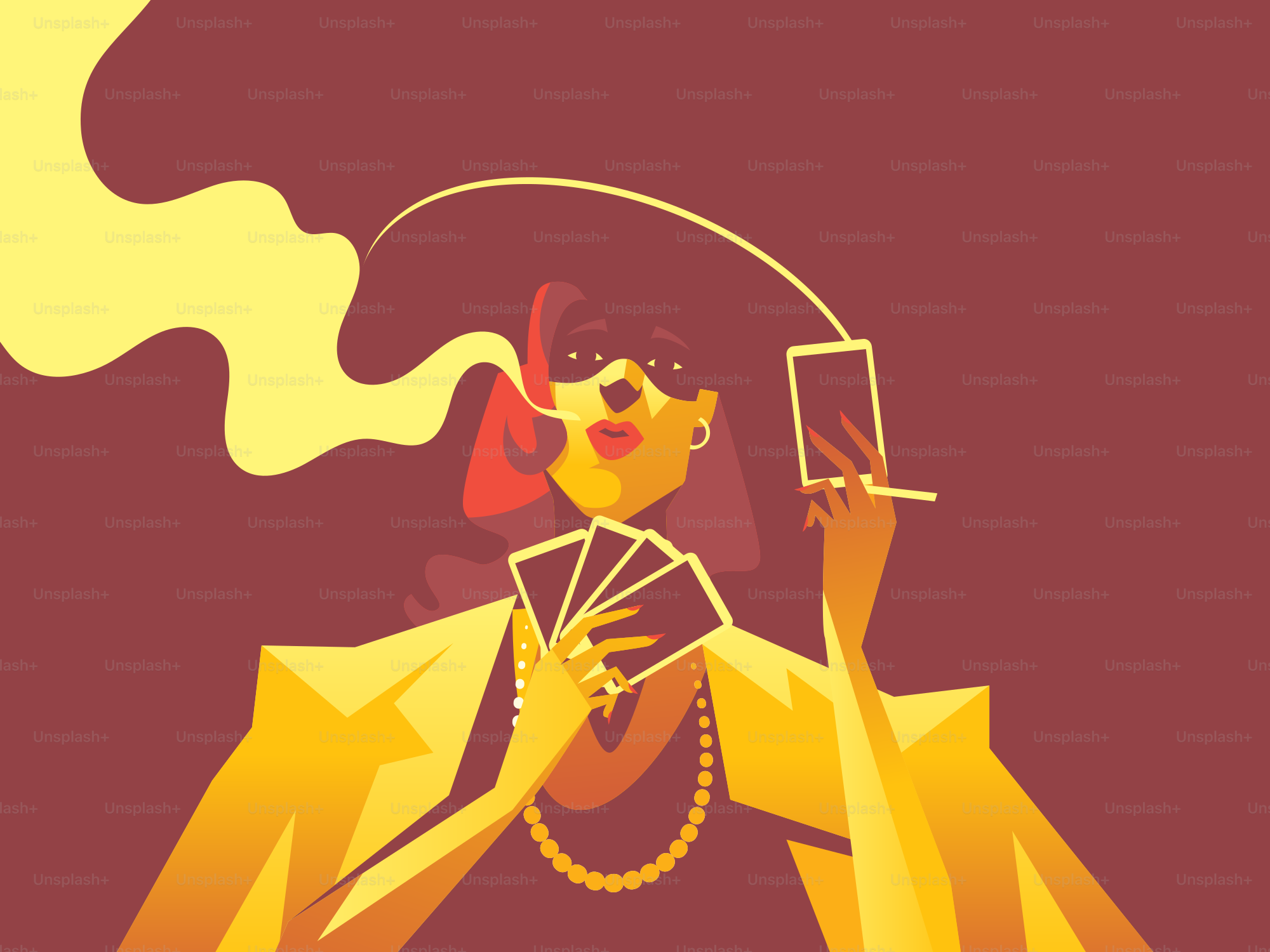 Woman in hat holds cards and cigarette