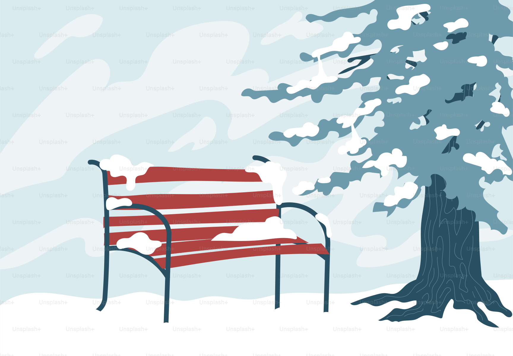 A snow-covered park bench beside a tree.