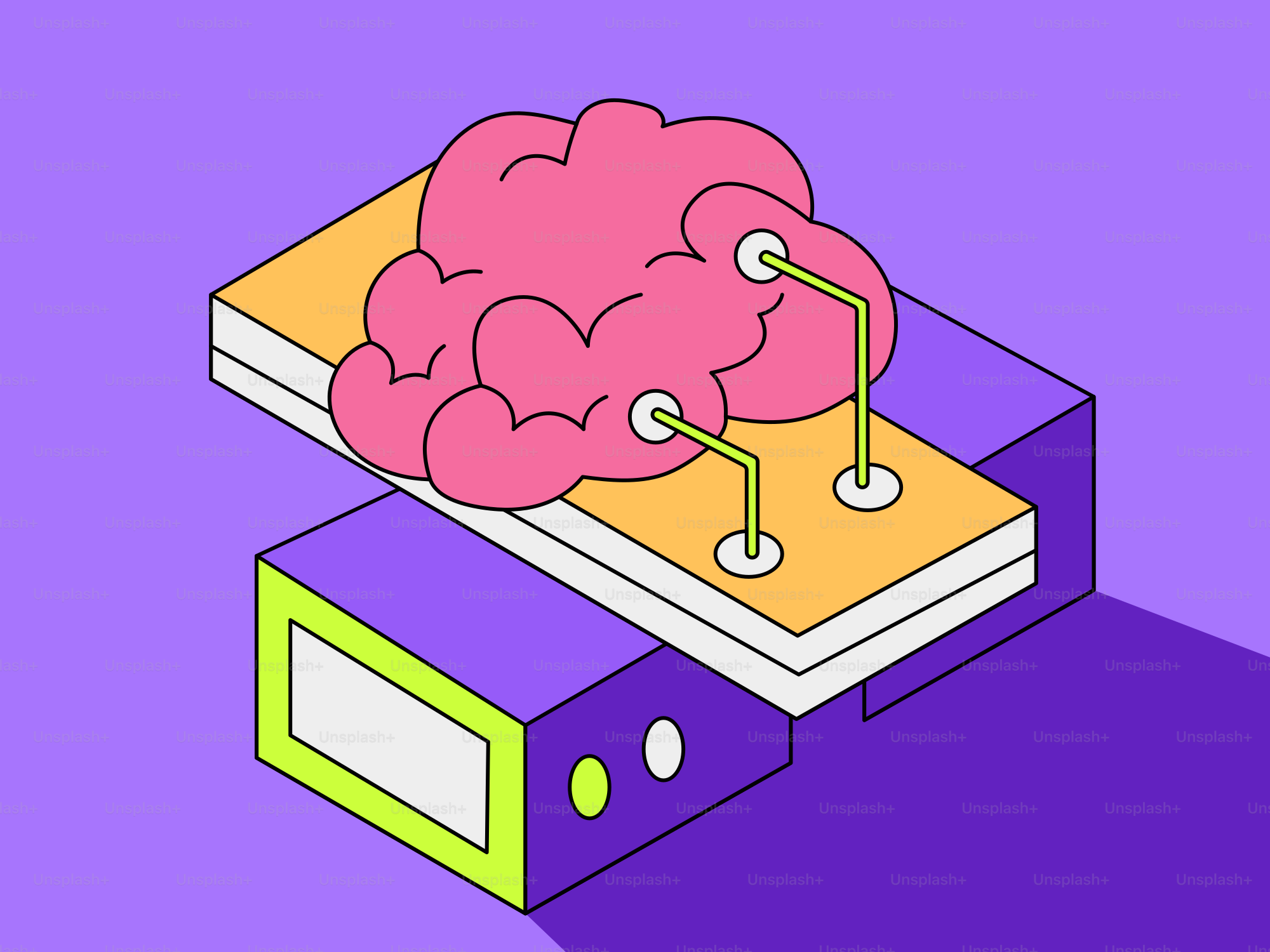 Pink brain connected to a computer chip.