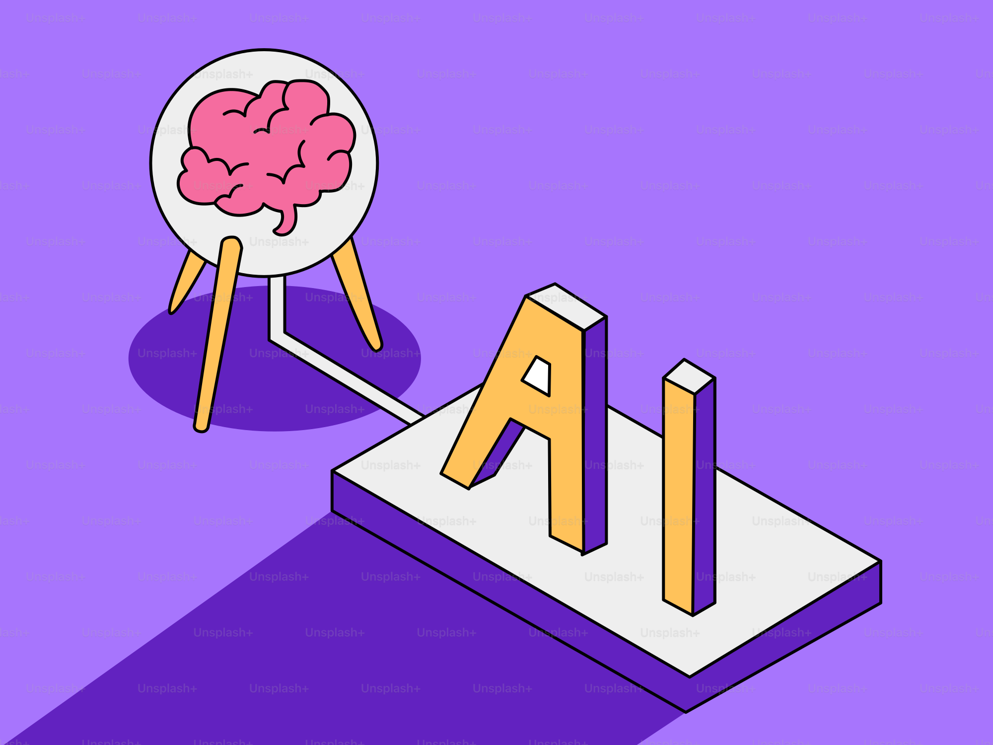 Artificial intelligence with a pink brain illustration.