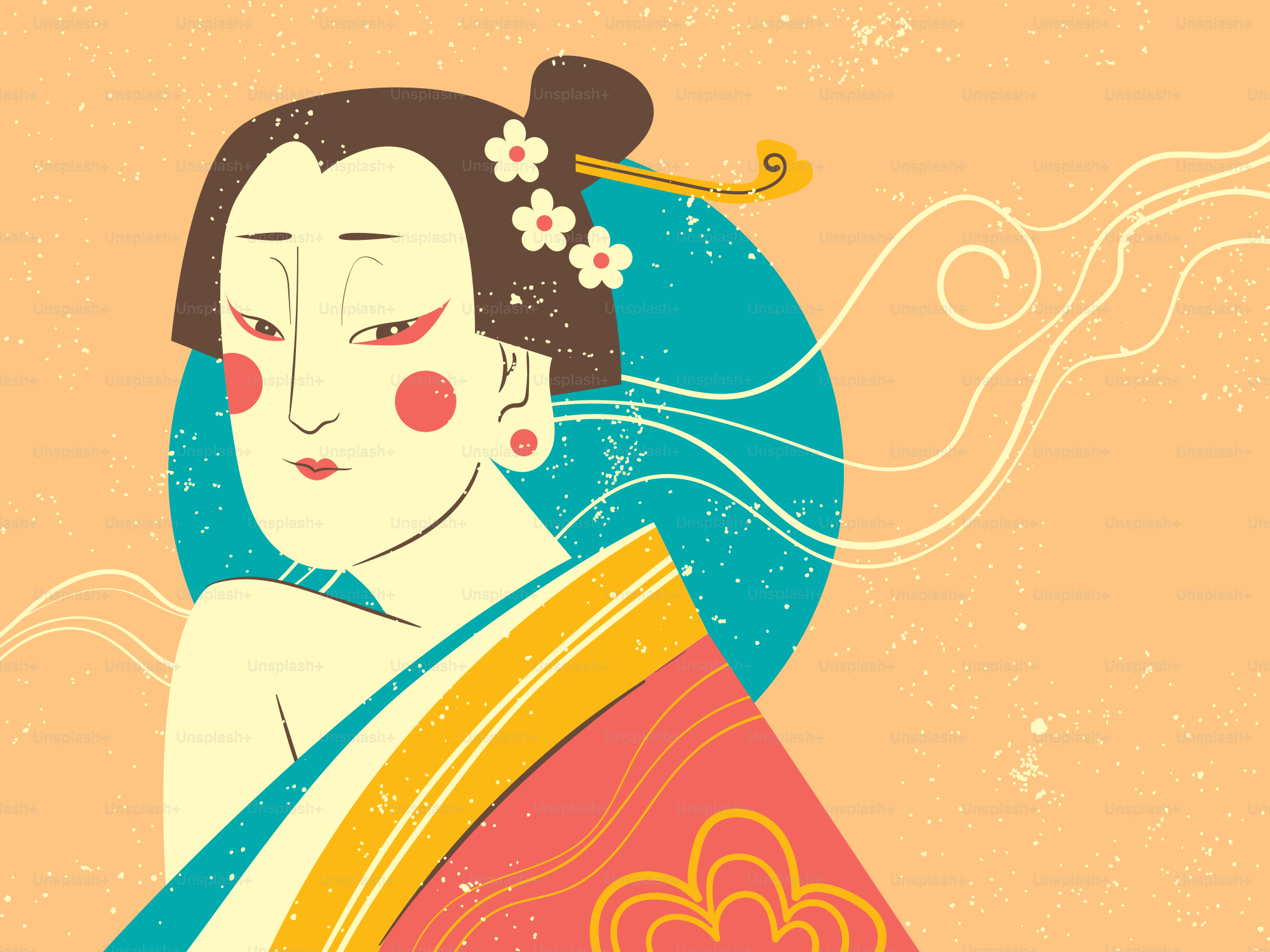 Traditional japanese woman with elaborate hairstyle and makeup.