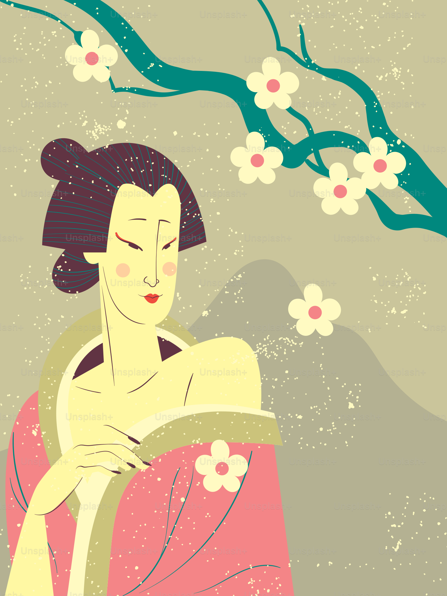 Geisha in pink kimono with cherry blossoms