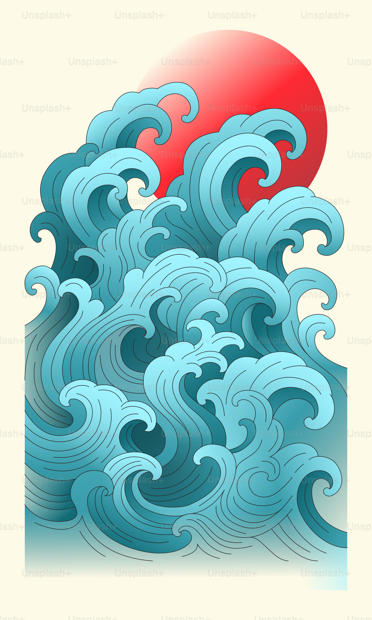 Stylized blue waves with a red sun