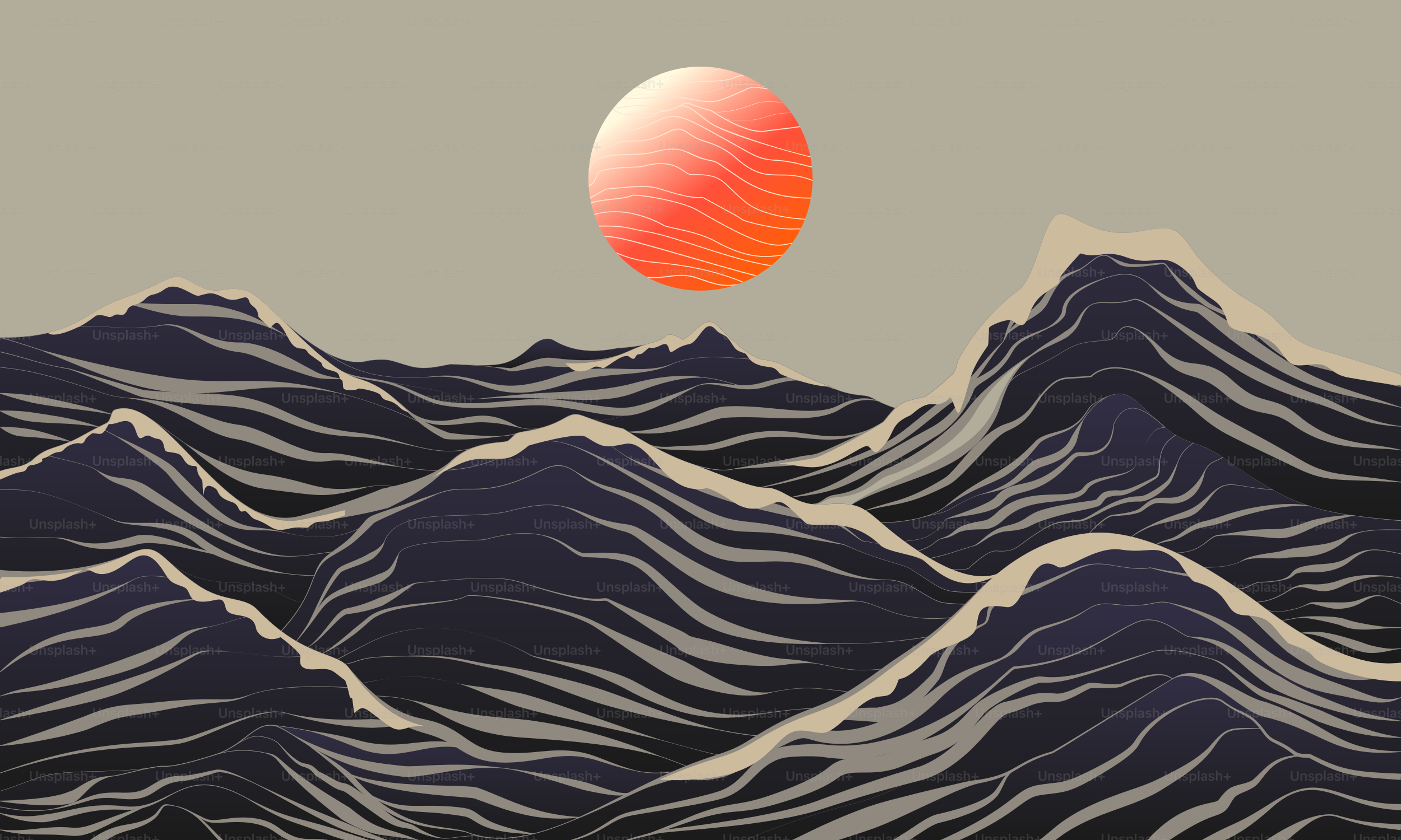 Stylized sun over dark, wavy mountains