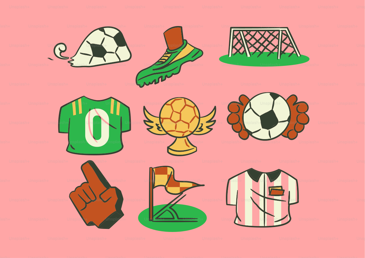 Collection of soccer game elements on pink background