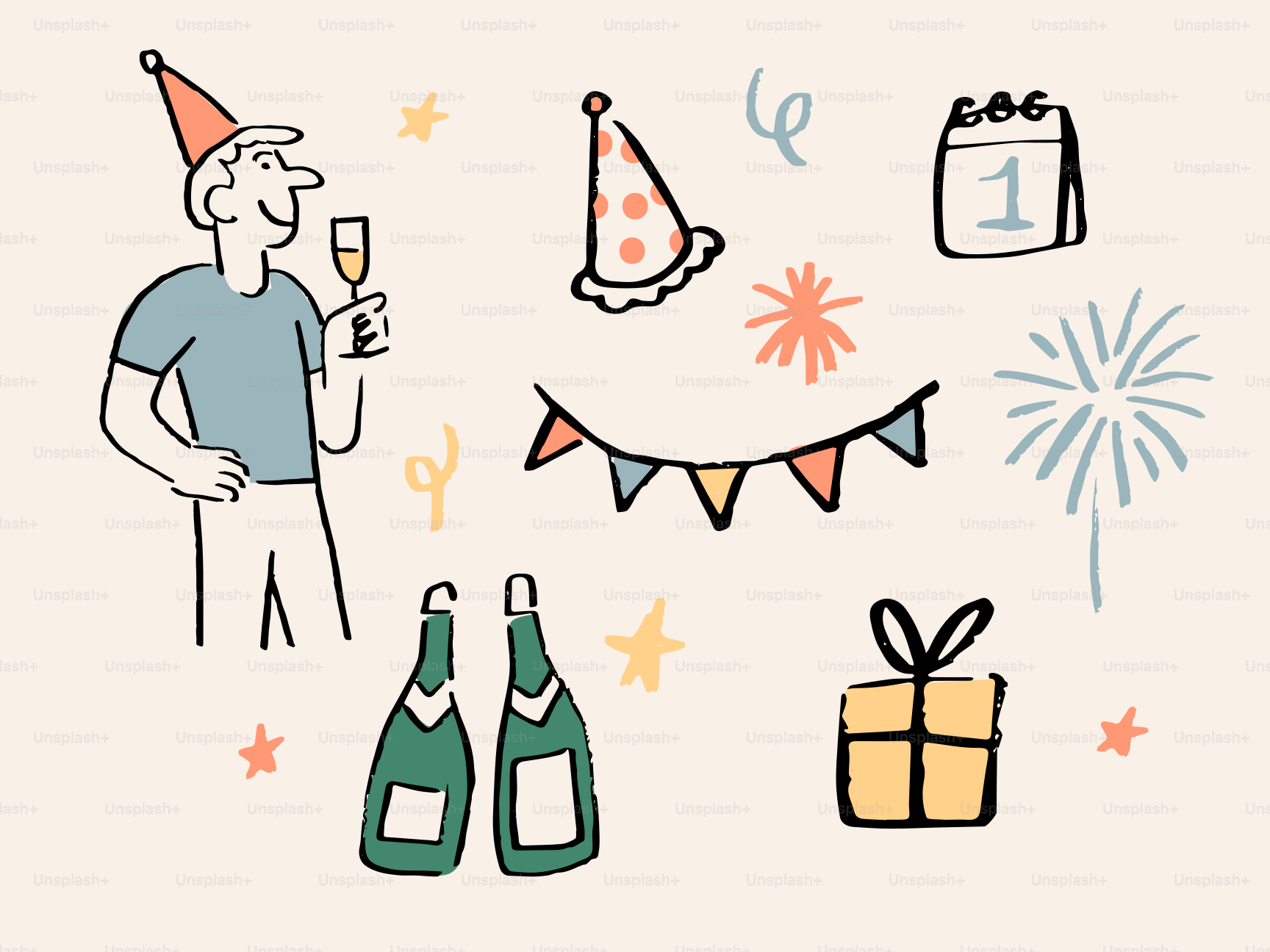 Mann feiert mit Champagner und Partydekorationen.
