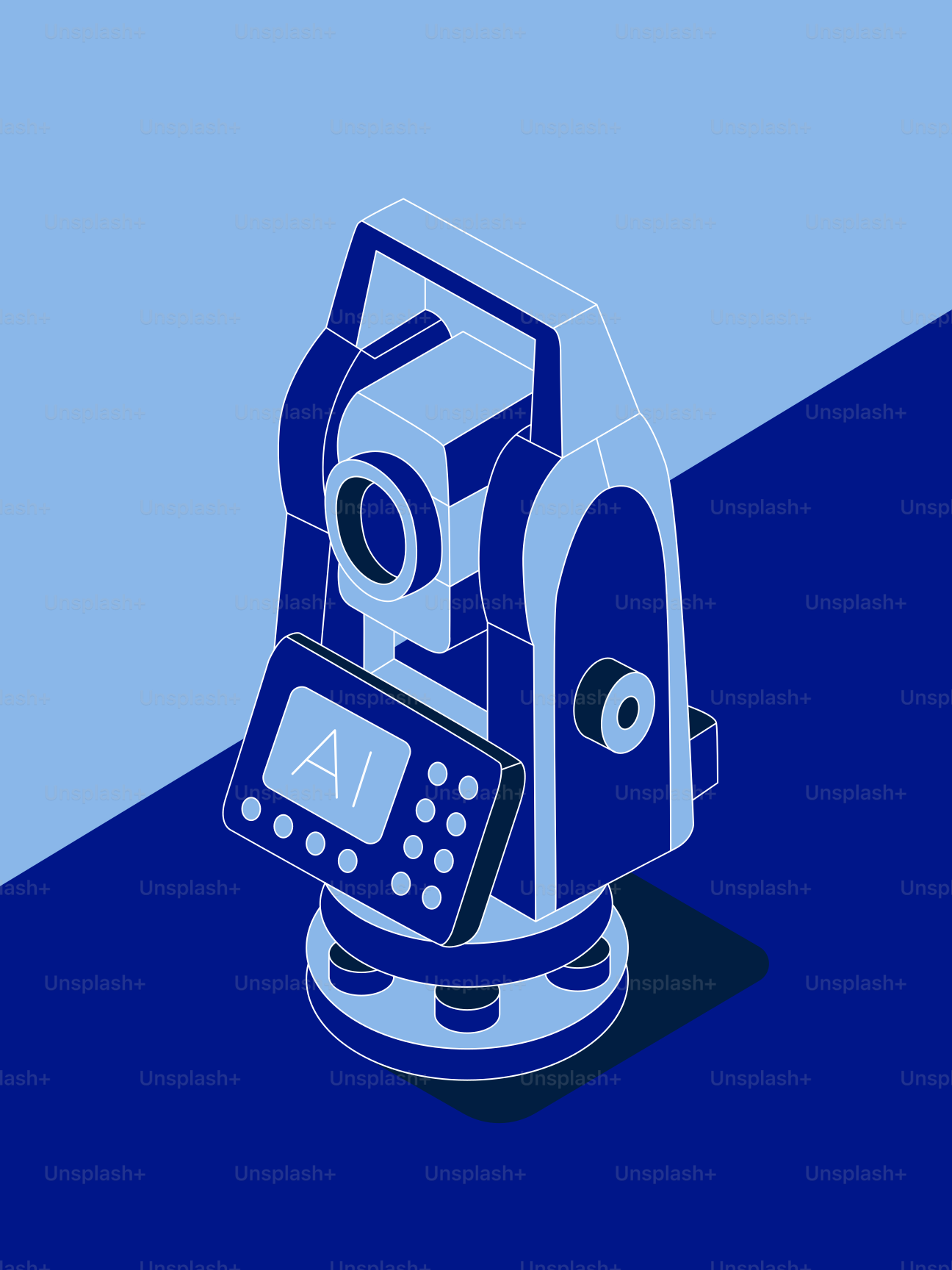 A blue surveying instrument with an ai screen.