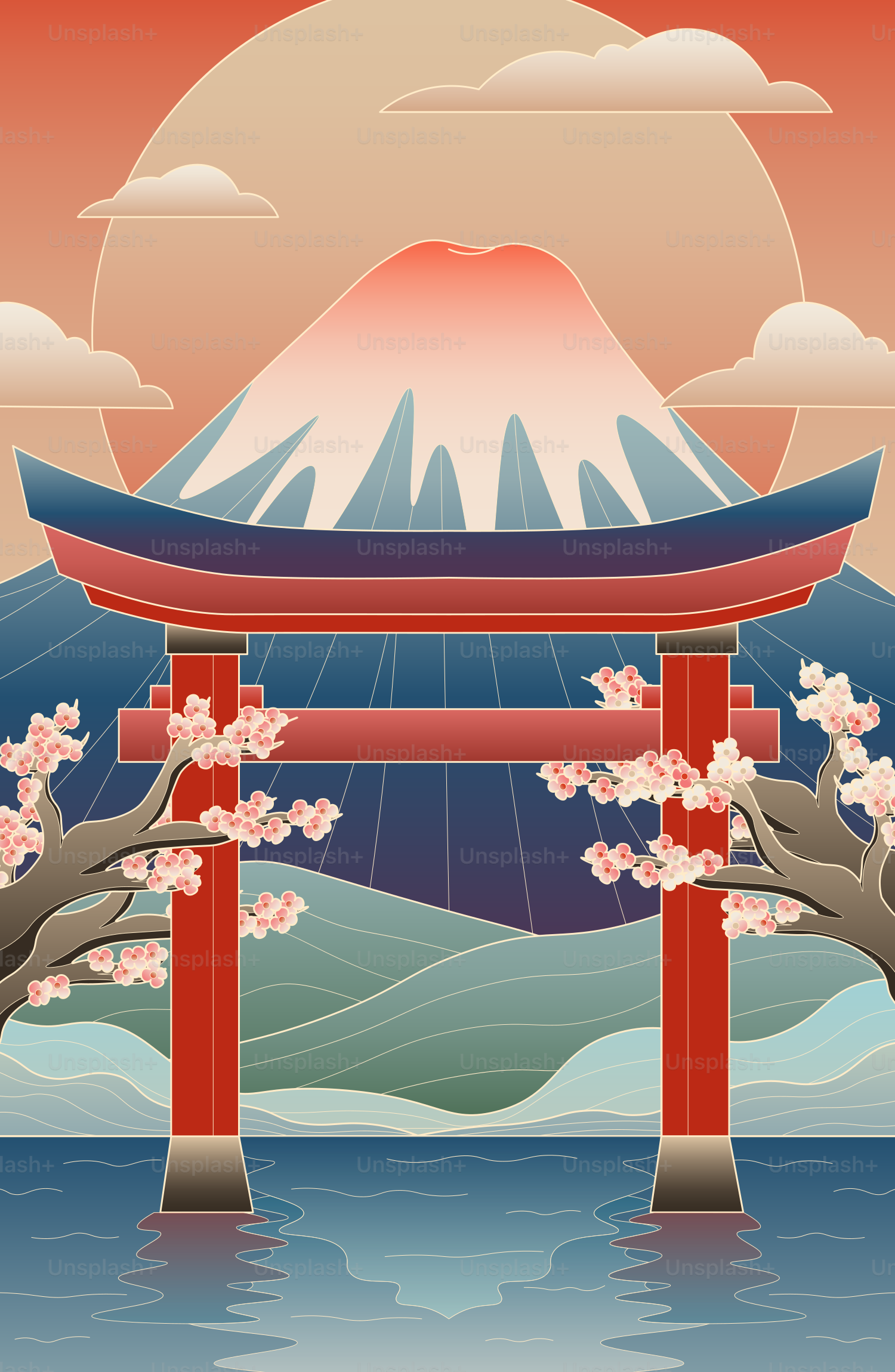 Torii gate with mount fuji and cherry blossoms.