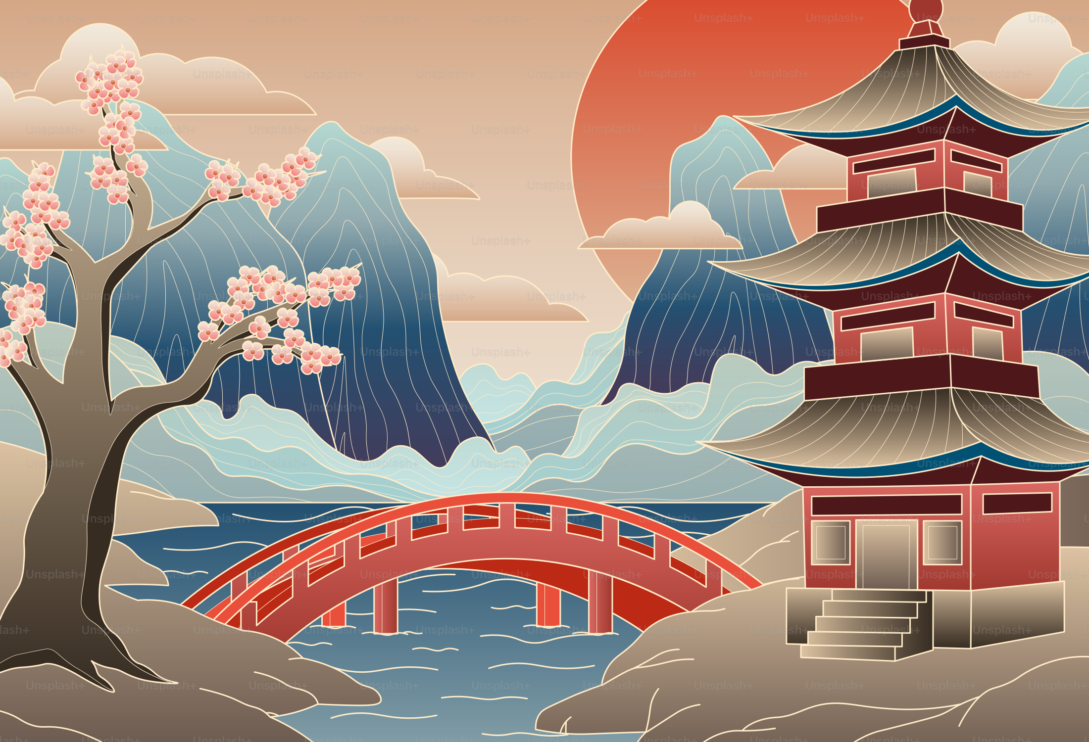 Traditional japanese pagoda with cherry blossoms and mountains.