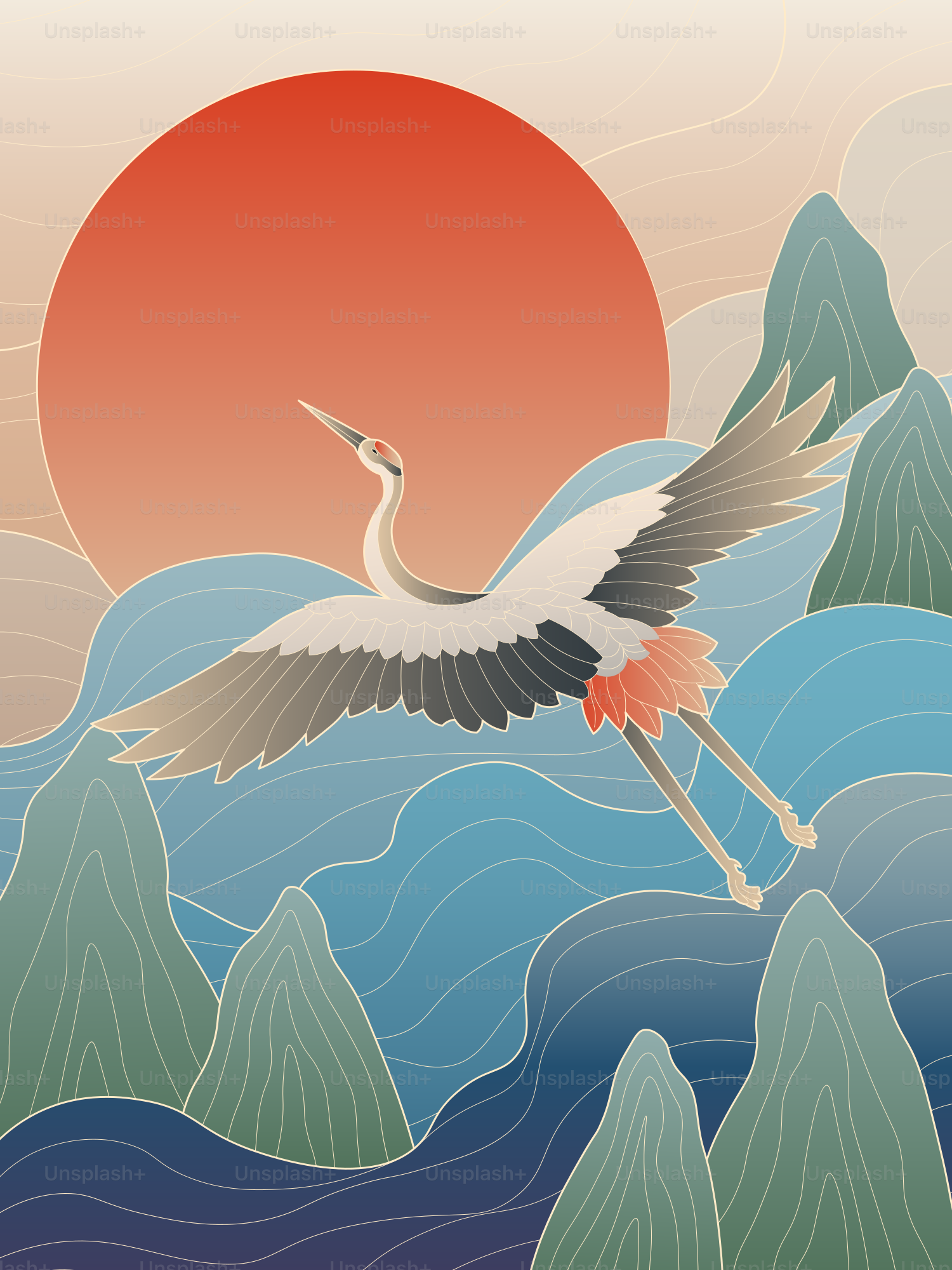 Crane flying over mountains with a large sun.