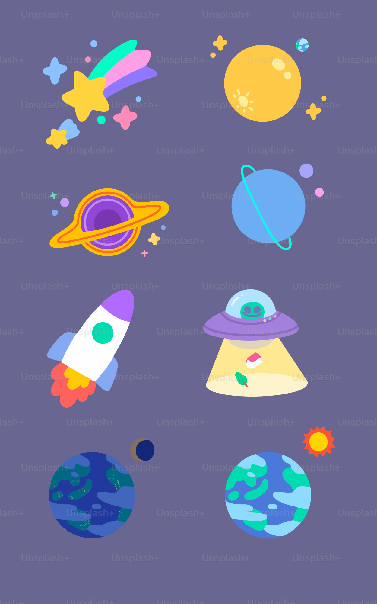 Space objects including planets, rocket, ufo, and shooting star.