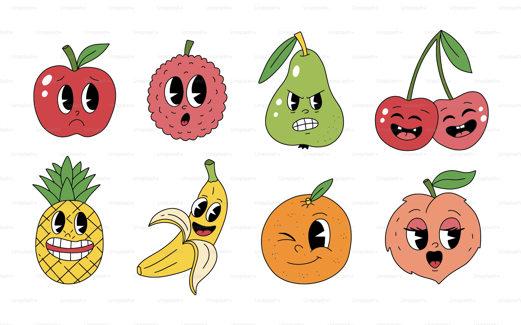 Eight cartoon fruits with faces on white background