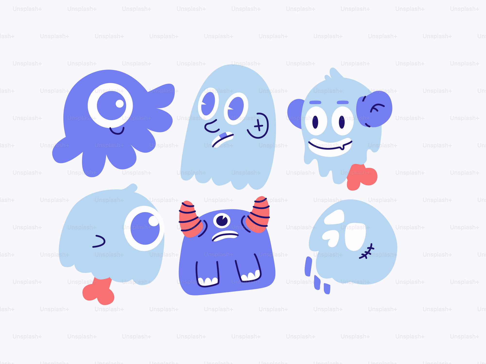 Six cartoon monsters in various colors and shapes. vector ...