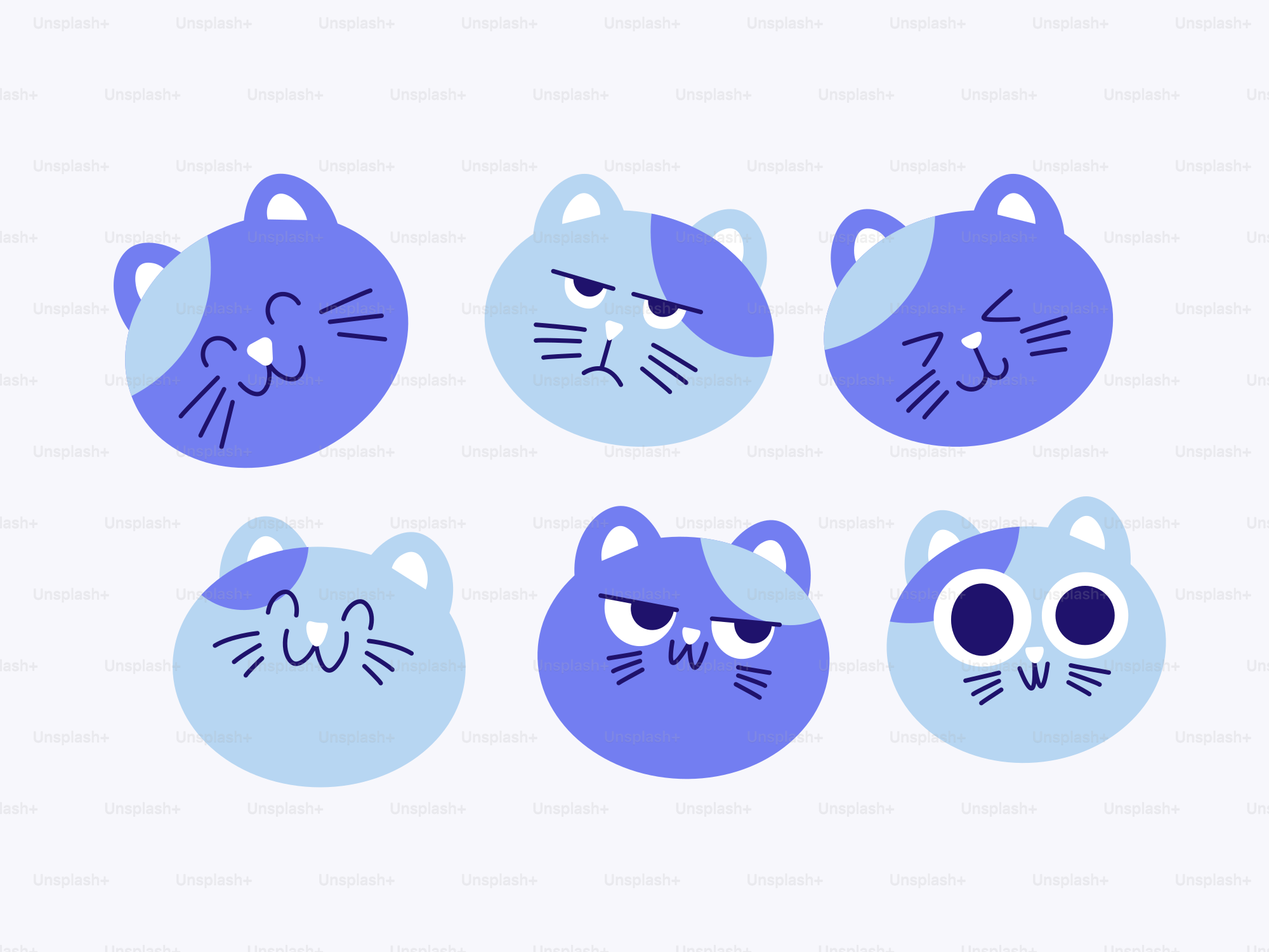 Seis caras de gatos de dibujos animados con diferentes expresiones