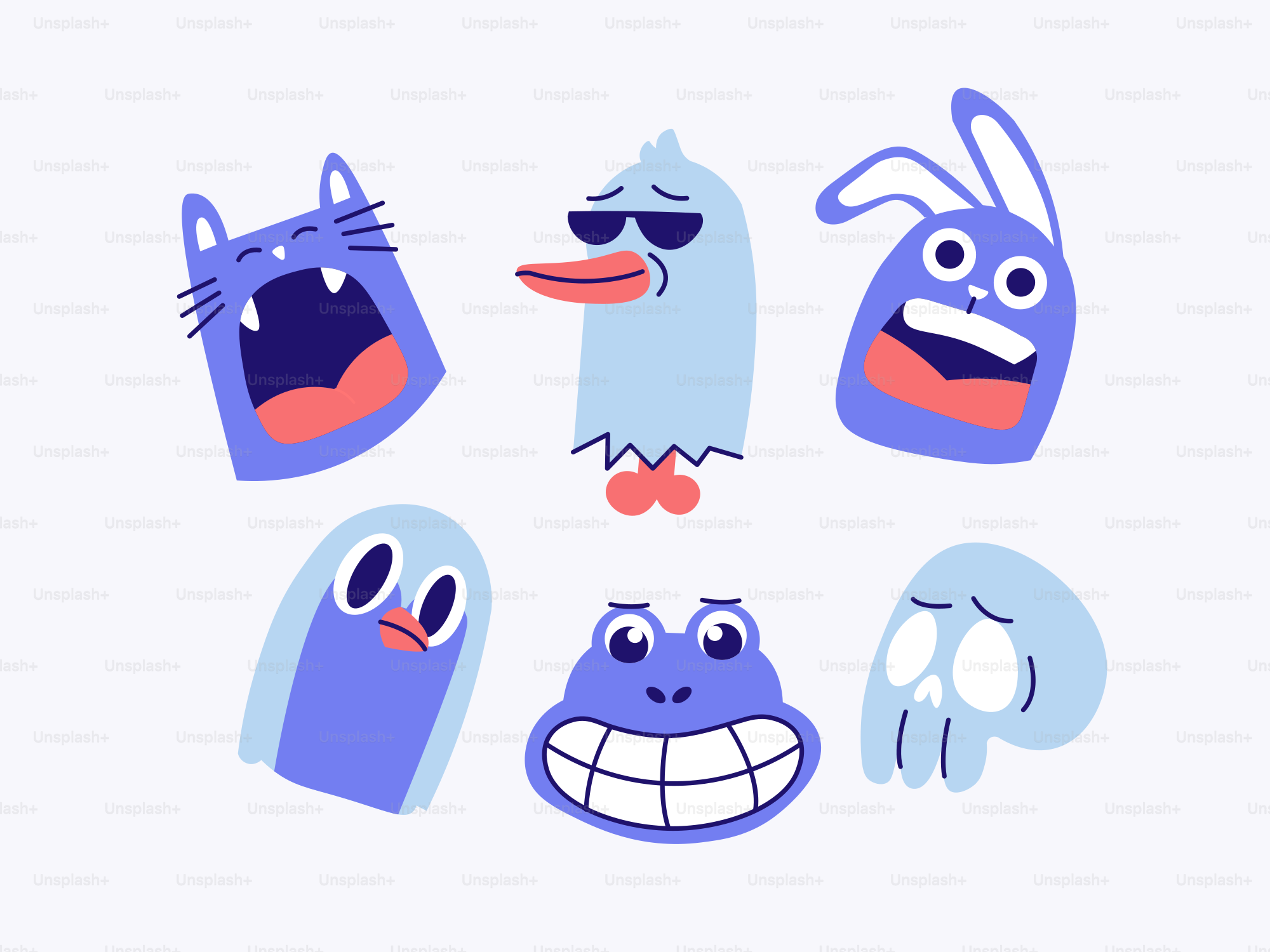 Conjunto de seis rostos de monstros em desenho animado sobre fundo branco
